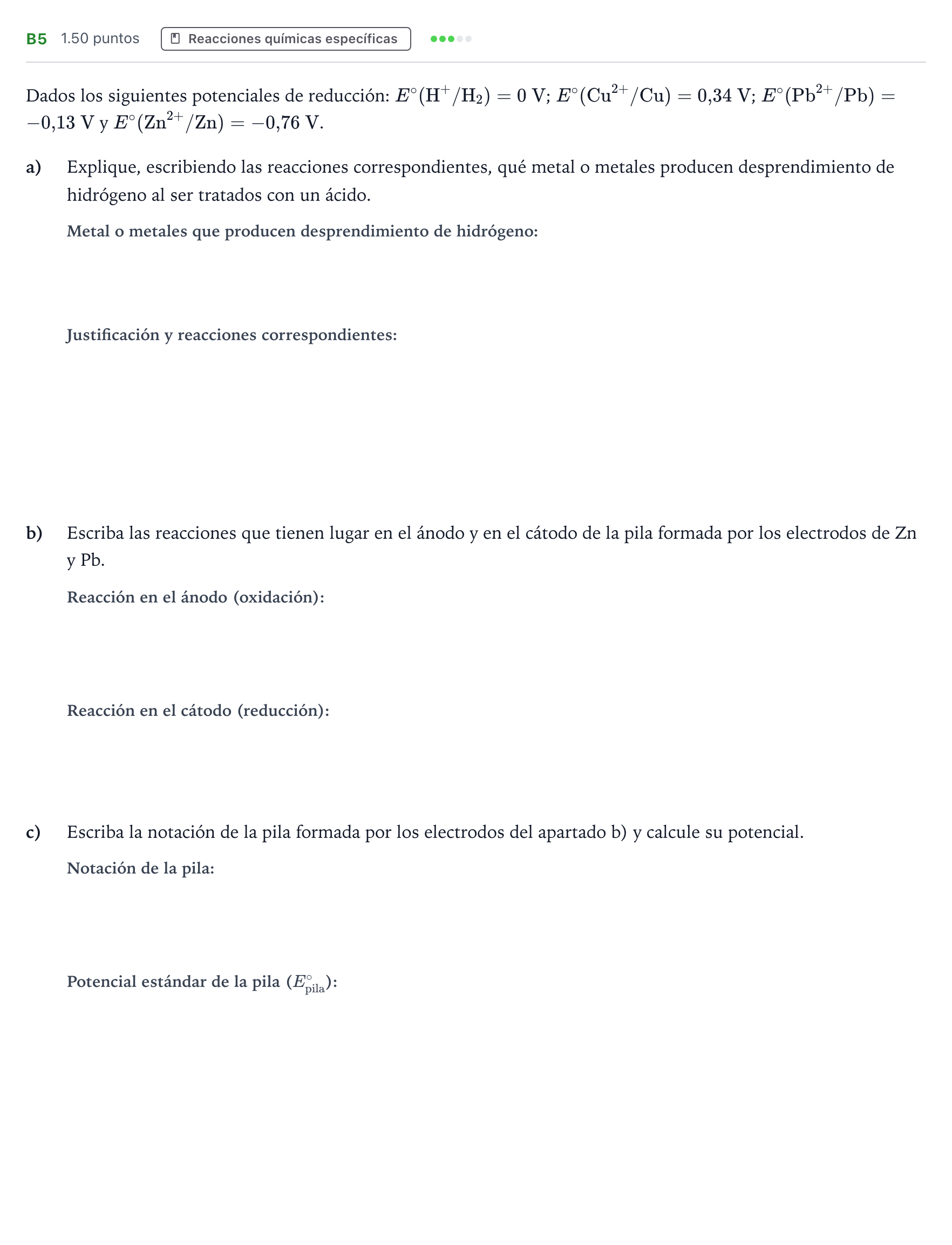 Enunciado: Ejercicio B5 · Química PAU Andalucía Ordinaria Titular 2023