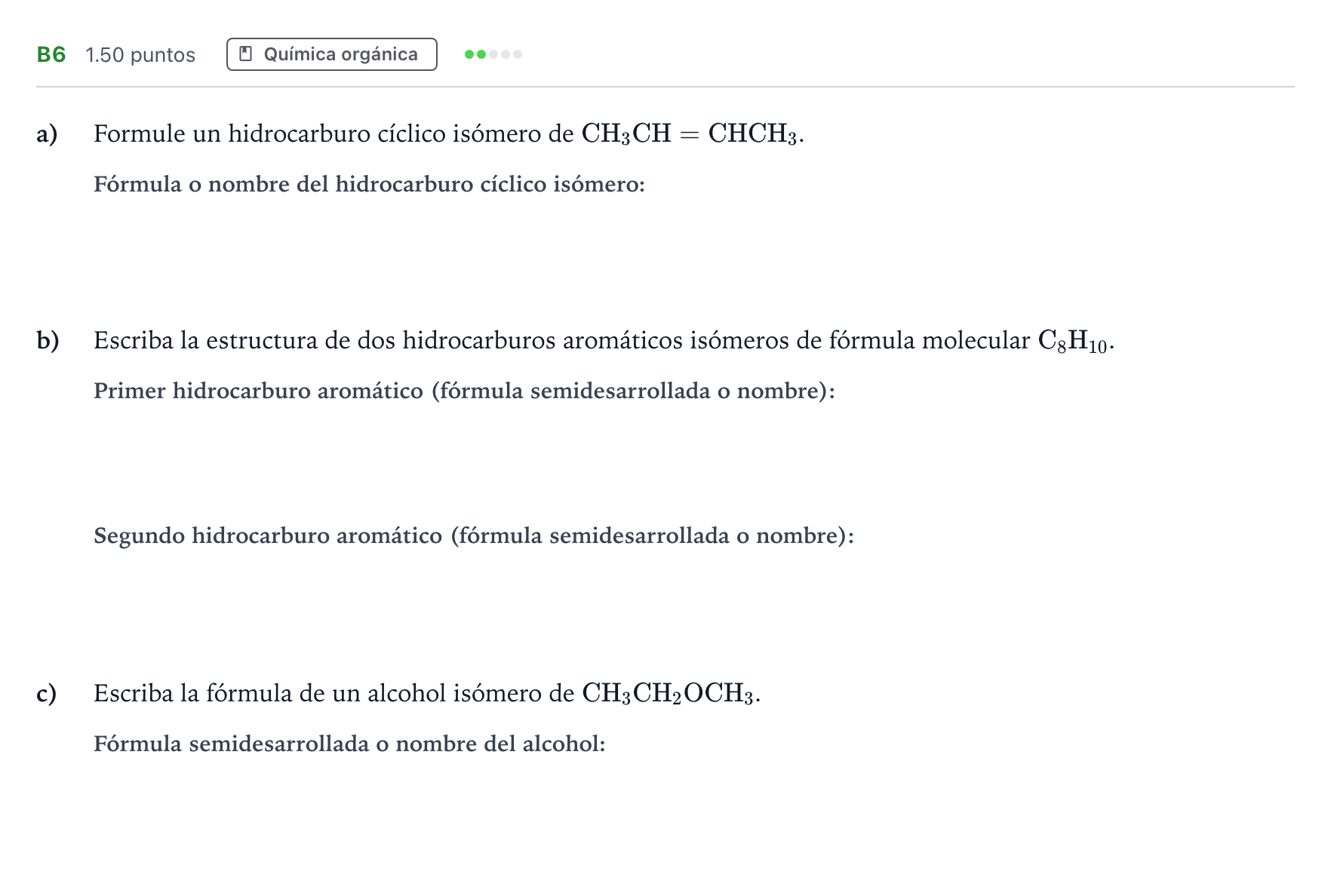 Enunciado: Ejercicio B6 · Química PAU Andalucía Ordinaria Titular 2023