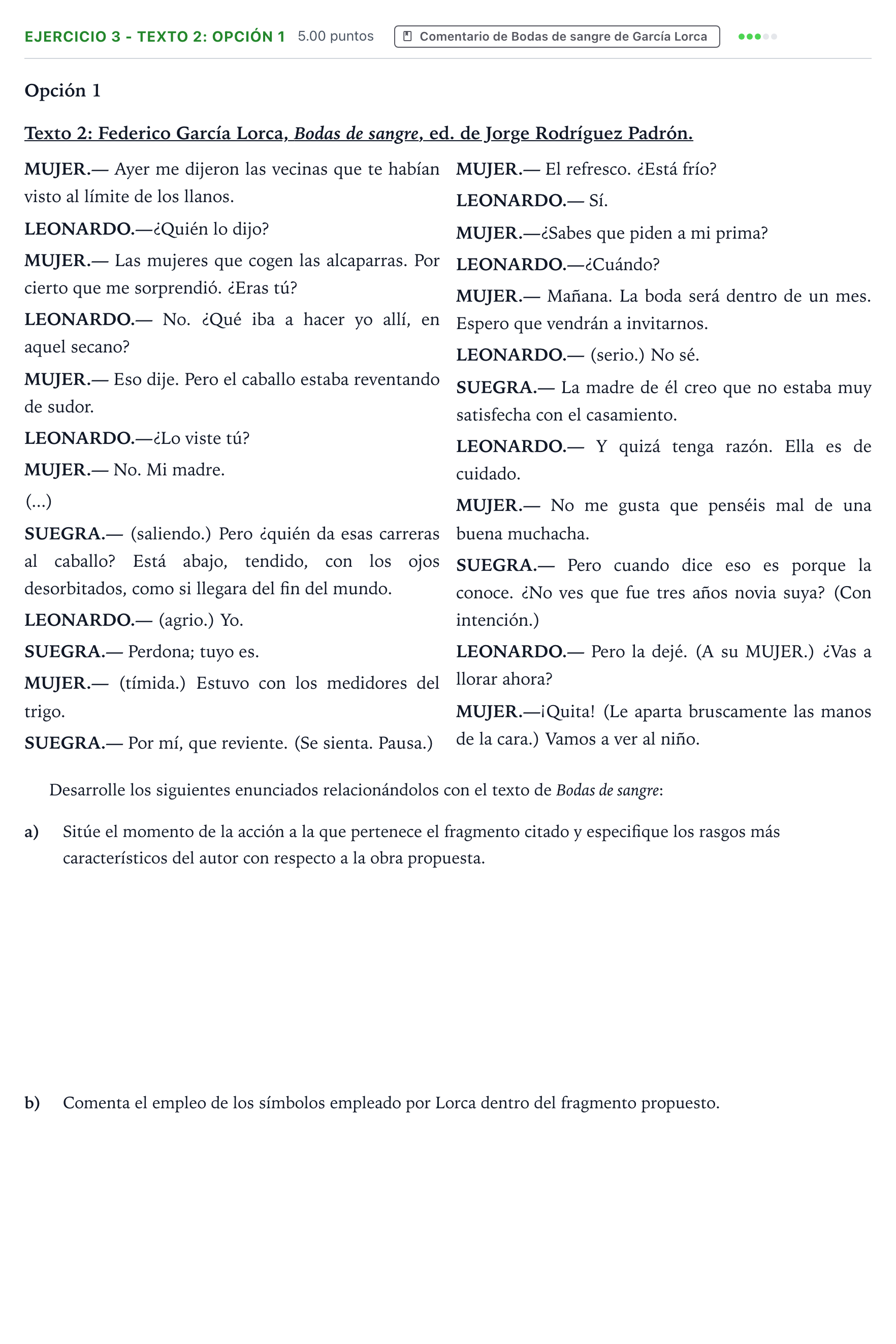 Enunciado: Ejercicio 3 - Texto 2: Opción 1 · Artes Escénicas PAU Aragón Ordinaria 2026