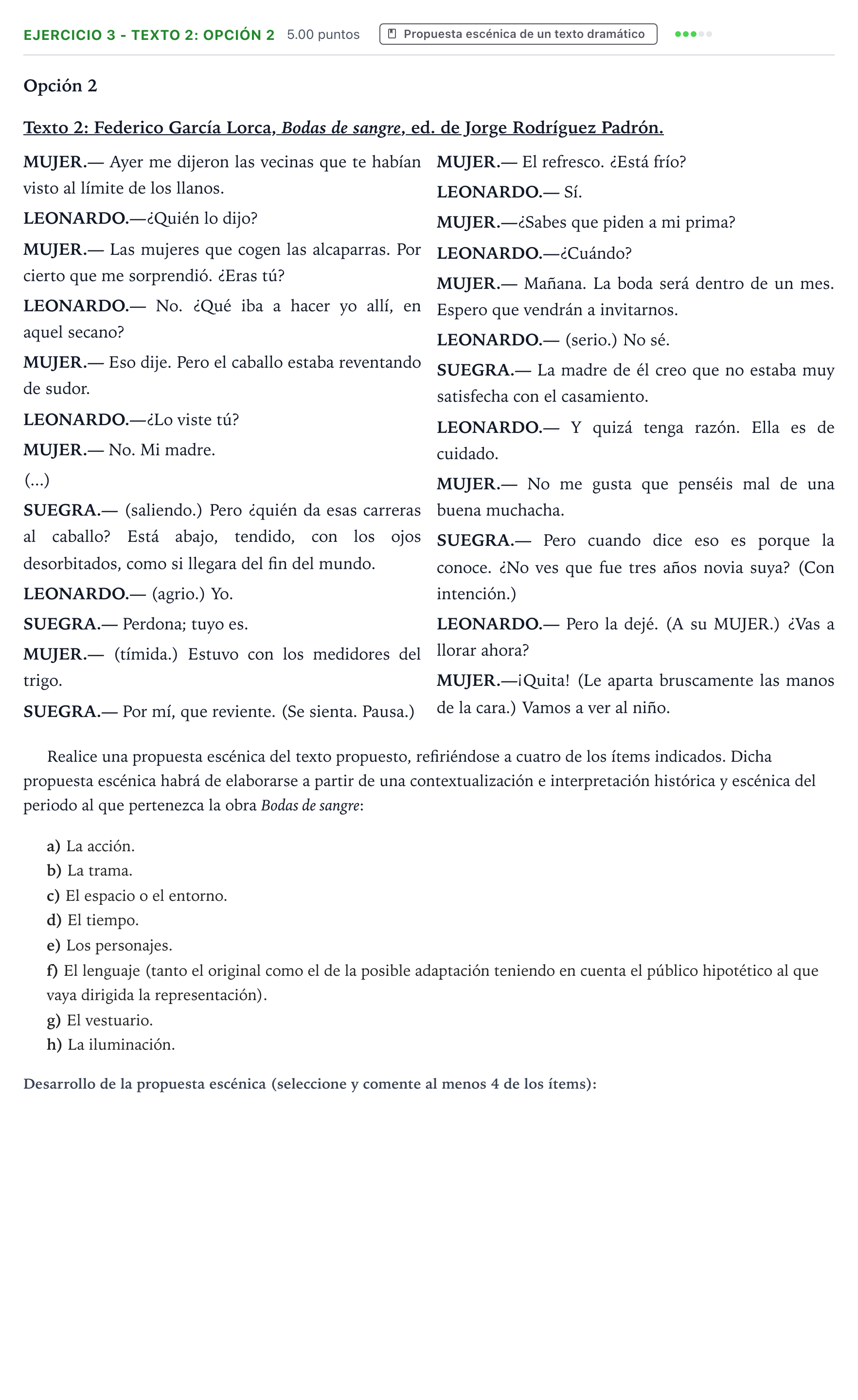 Enunciado: Ejercicio 3 - Texto 2: Opción 2 · Artes Escénicas PAU Aragón Ordinaria 2026