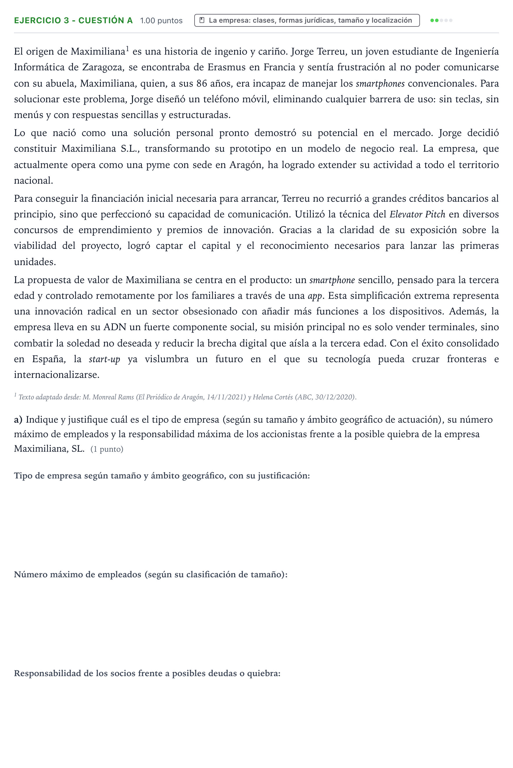 Enunciado: Ejercicio 3 - Cuestión a · Empresa y Diseño de Modelos de Negocio PAU Aragón Extraordinaria 2026