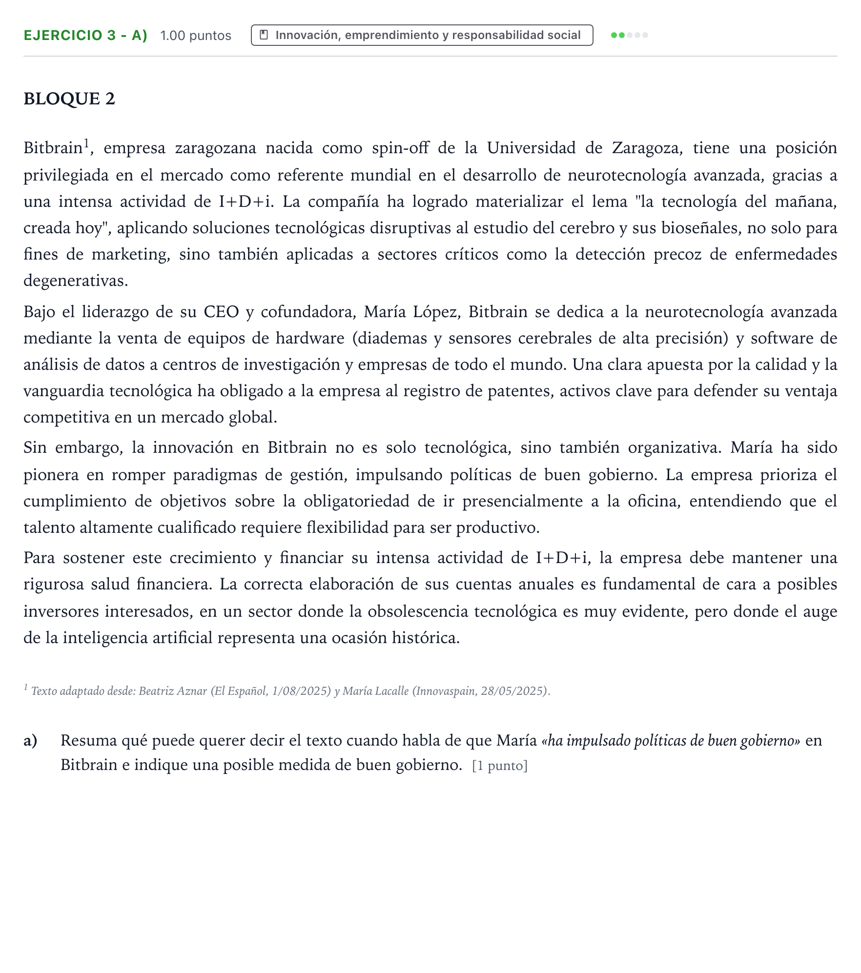 Enunciado: Ejercicio 3 - a) · Empresa y Diseño de Modelos de Negocio PAU Aragón Ordinaria 2026