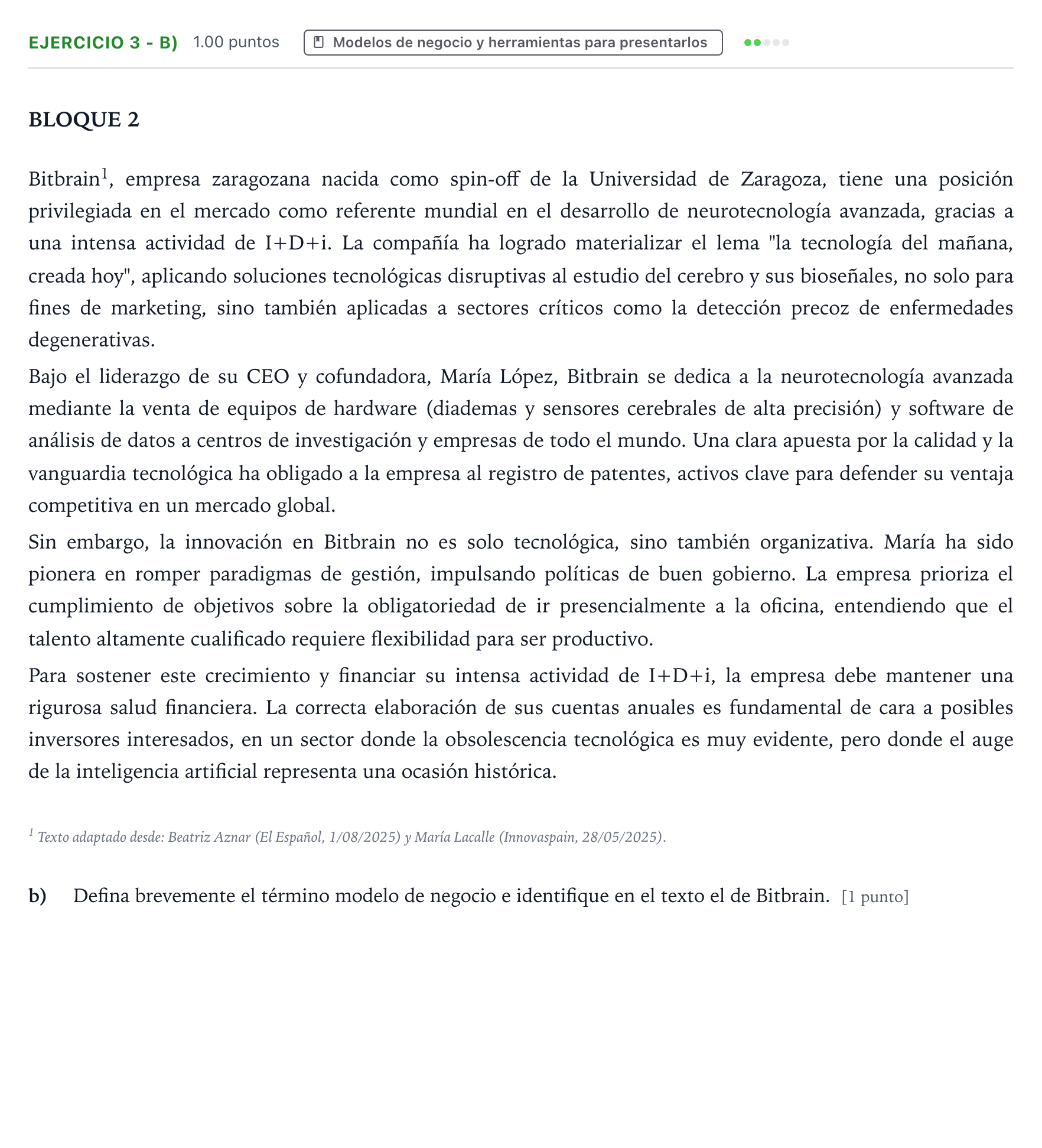 Enunciado: Ejercicio 3 - b) · Empresa y Diseño de Modelos de Negocio PAU Aragón Ordinaria 2026