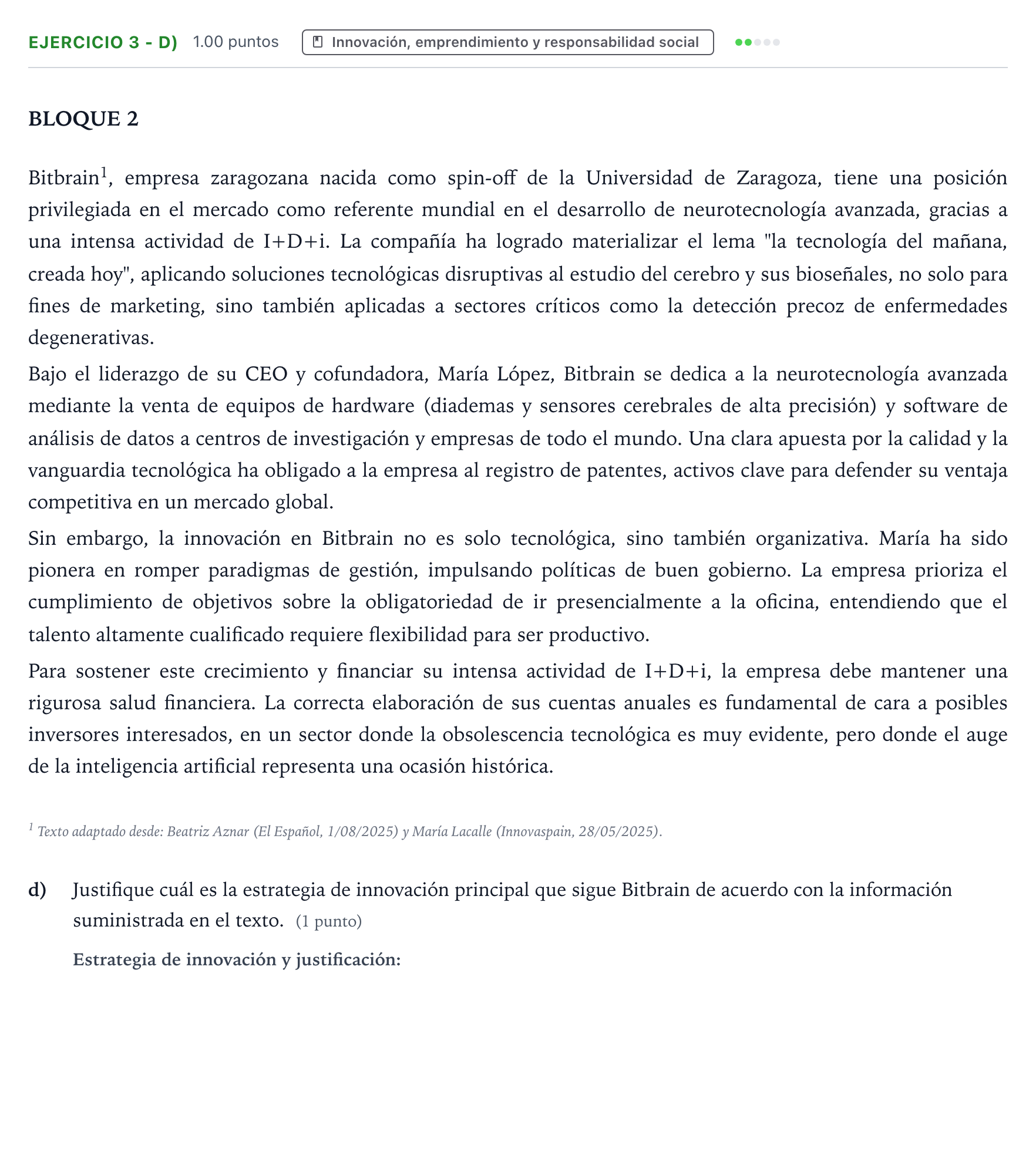 Enunciado: Ejercicio 3 - d) · Empresa y Diseño de Modelos de Negocio PAU Aragón Ordinaria 2026
