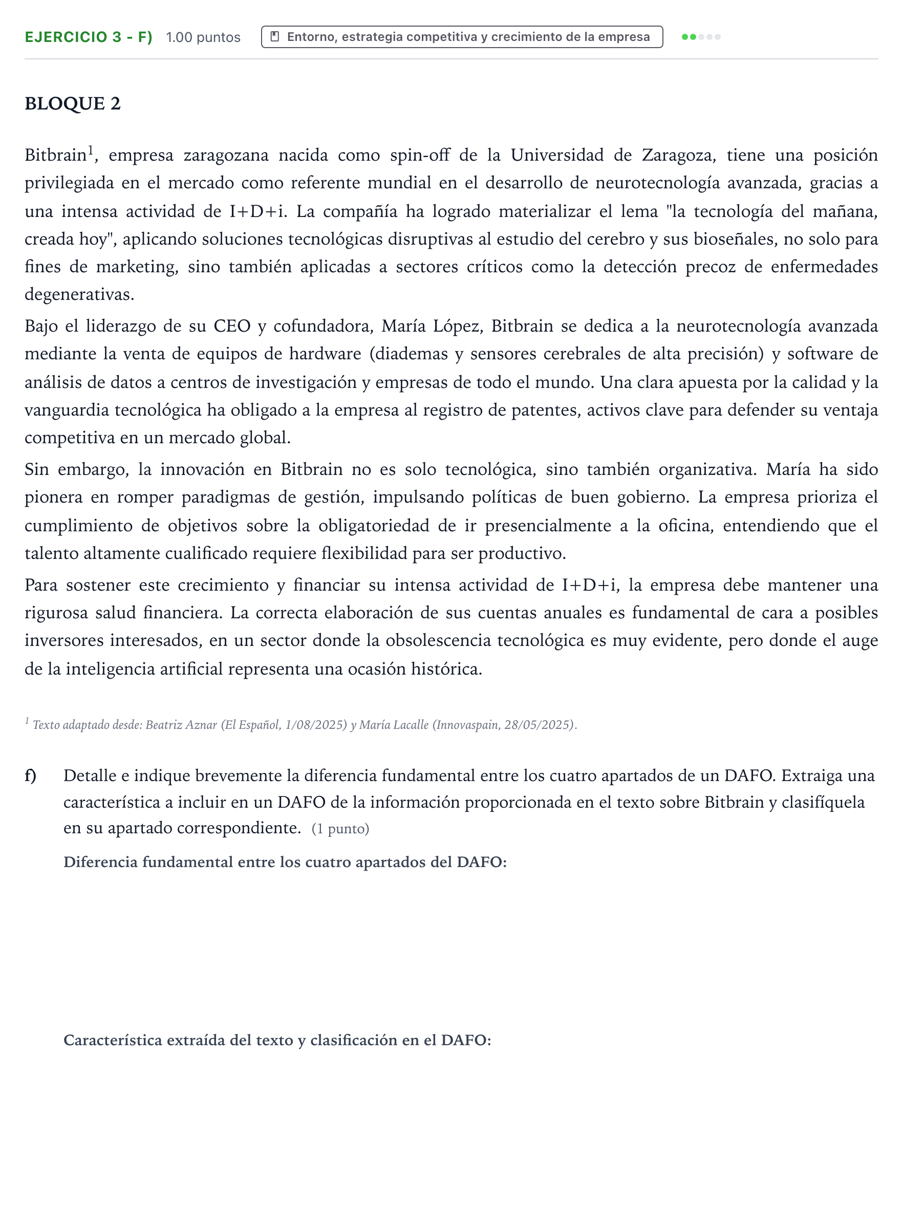 Enunciado: Ejercicio 3 - f) · Empresa y Diseño de Modelos de Negocio PAU Aragón Ordinaria 2026