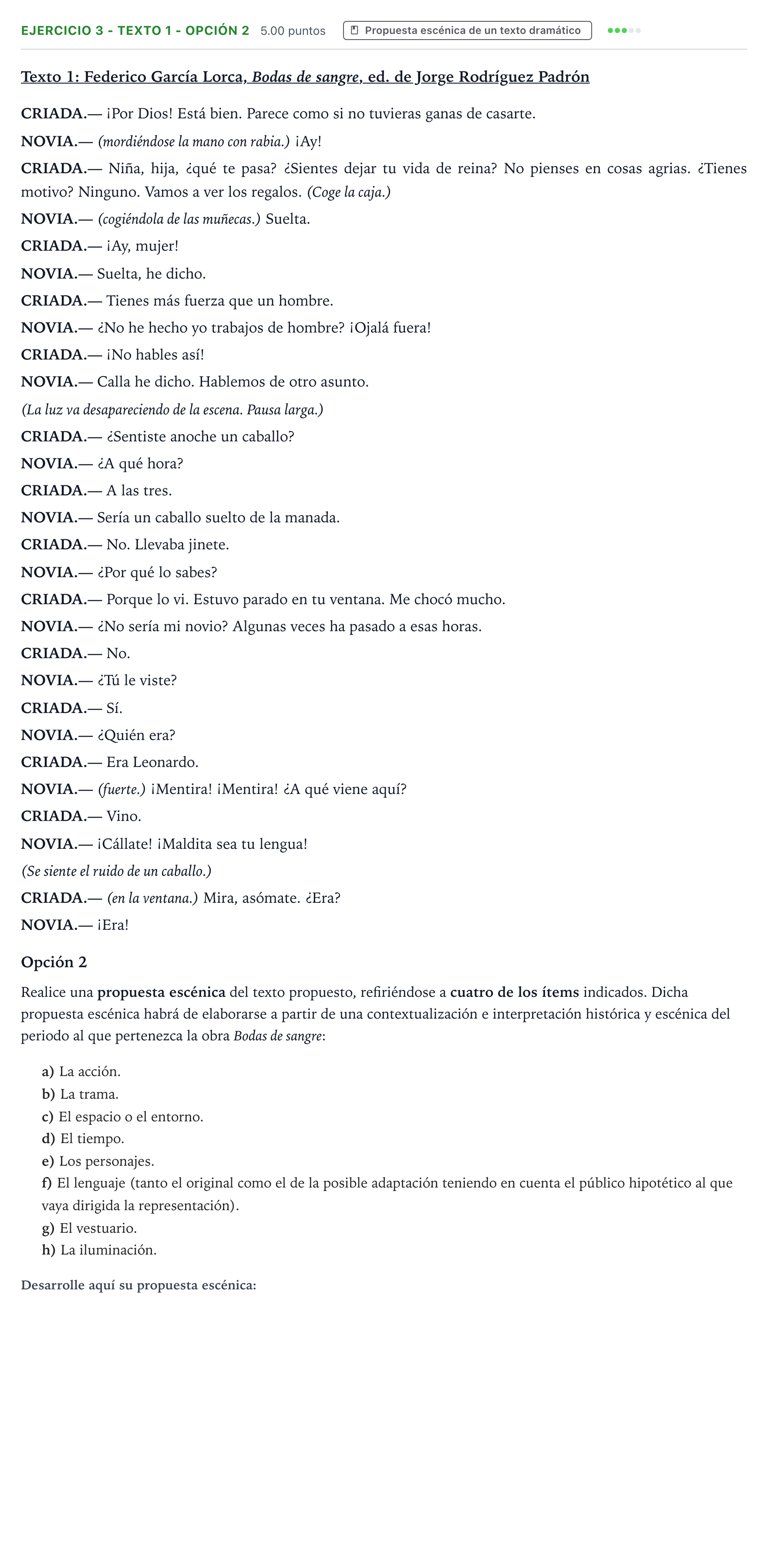 Enunciado: Ejercicio 3 - Texto 1 - Opción 2 · Artes Escénicas PAU Aragón Extraordinaria 2026
