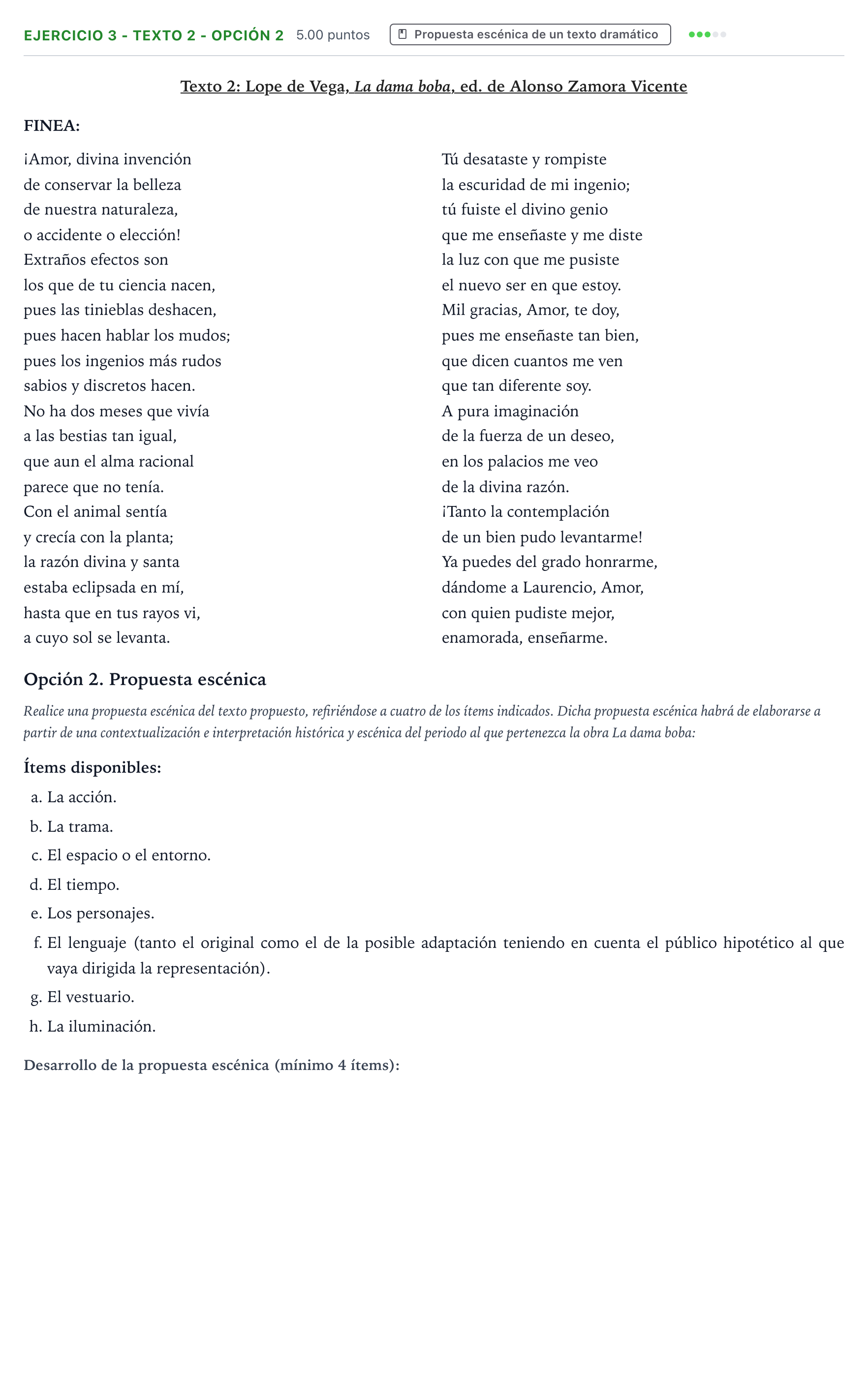 Enunciado: Ejercicio 3 - Texto 2 - Opción 2 · Artes Escénicas PAU Aragón Extraordinaria 2026