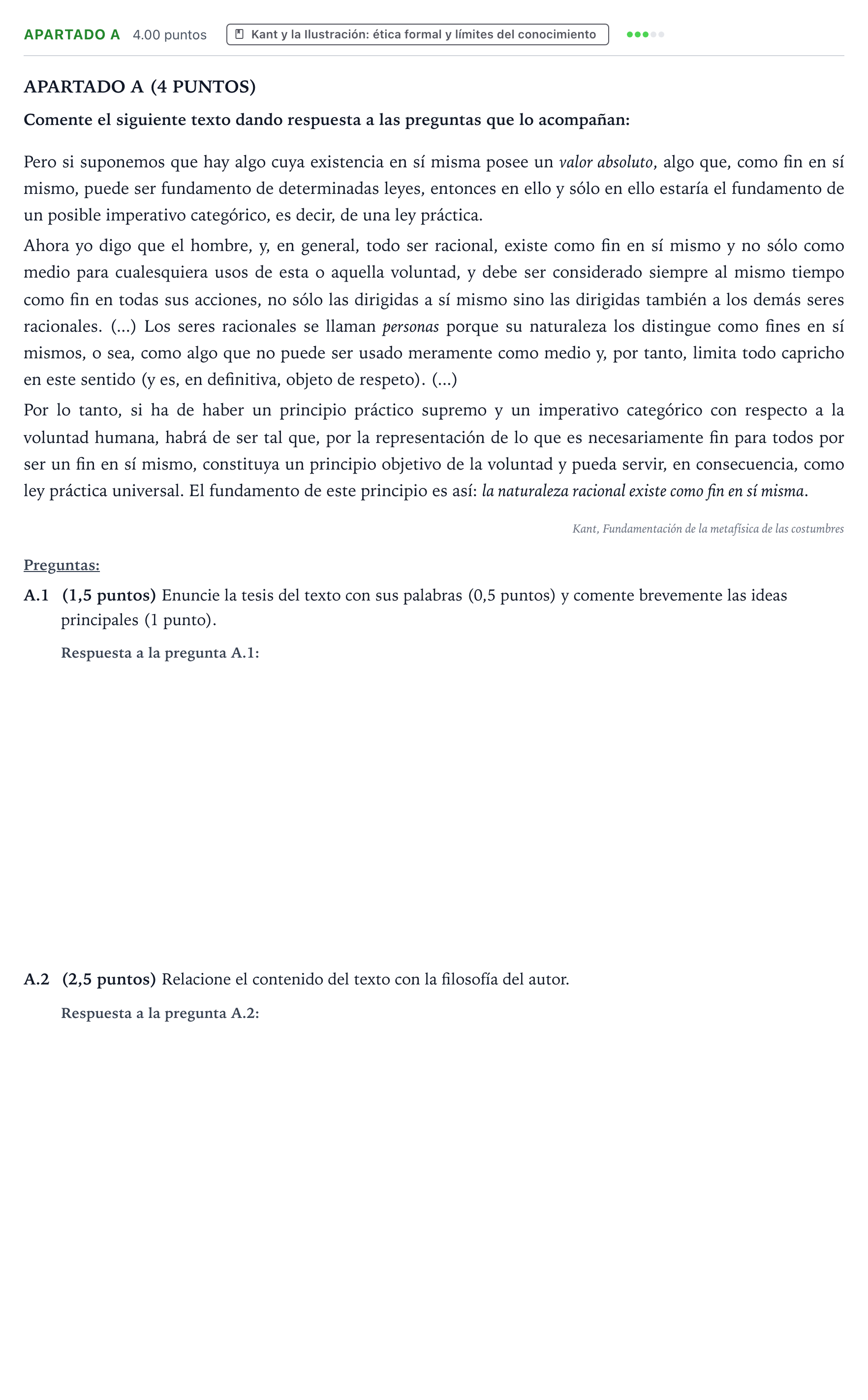 Enunciado: Apartado A · Historia de la Filosofía PAU Aragón Extraordinaria 2026