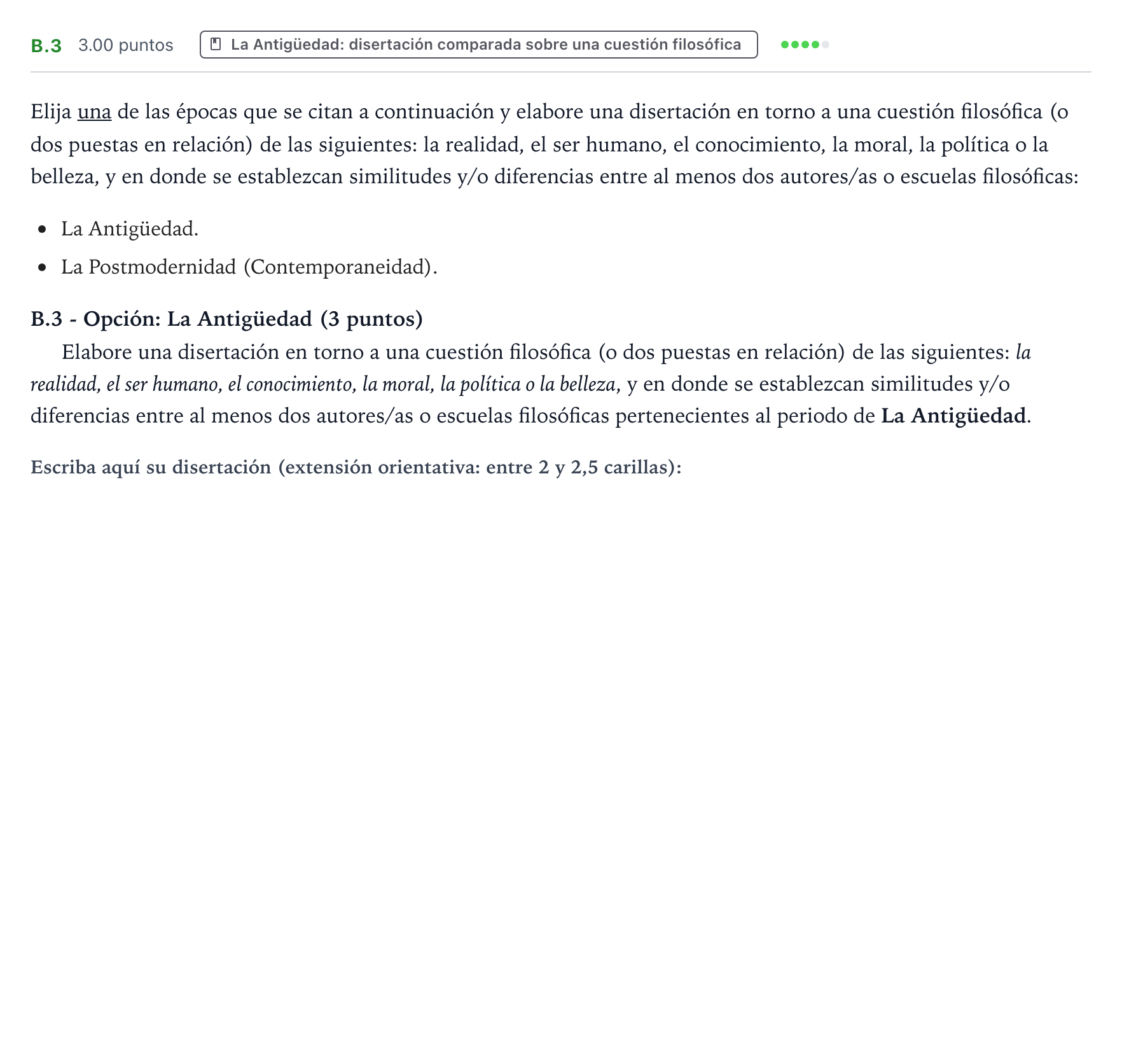 Enunciado: Ejercicio B.3 - La Antigüedad · Historia de la Filosofía PAU Aragón Extraordinaria 2026