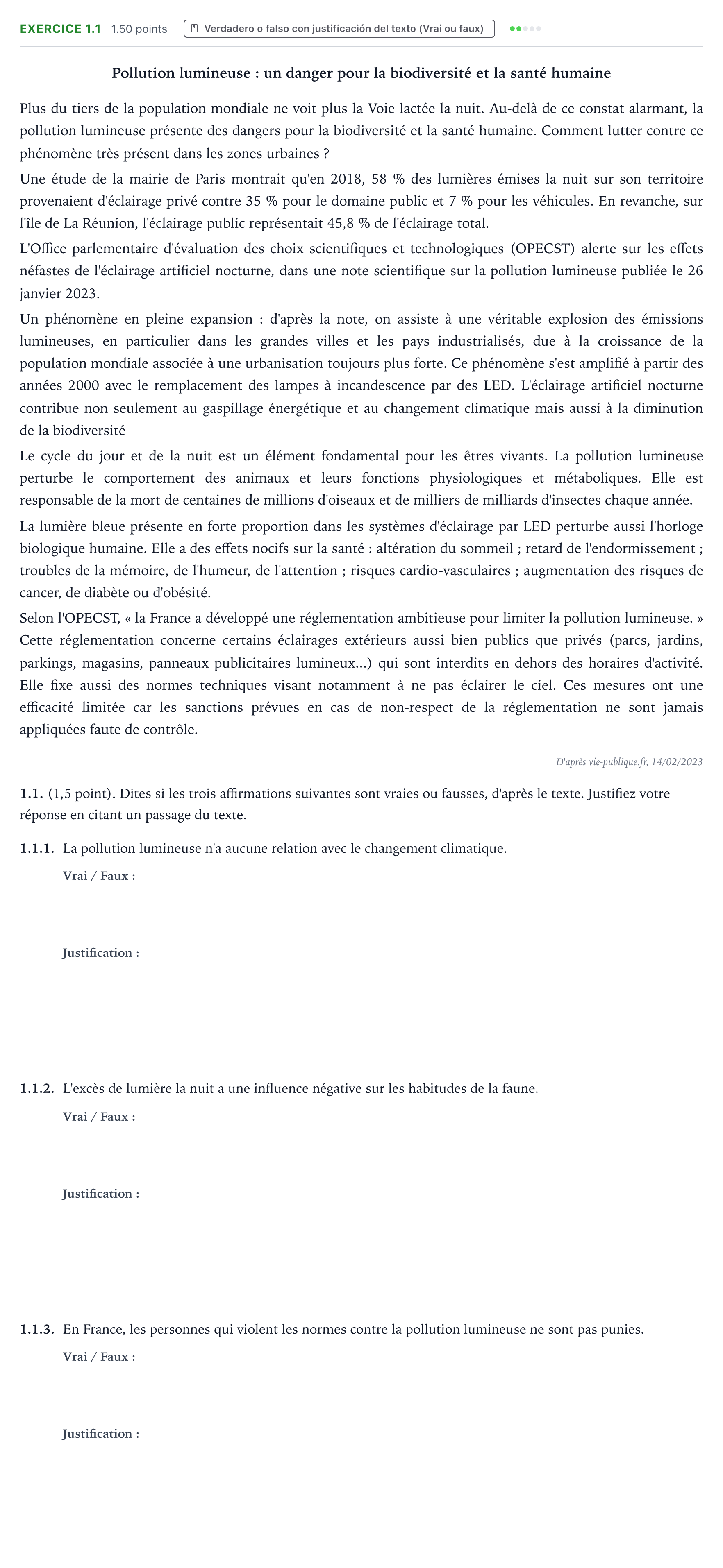 Enunciado: Ejercicio 1.1 · Francés PAU Aragón Extraordinaria 2026