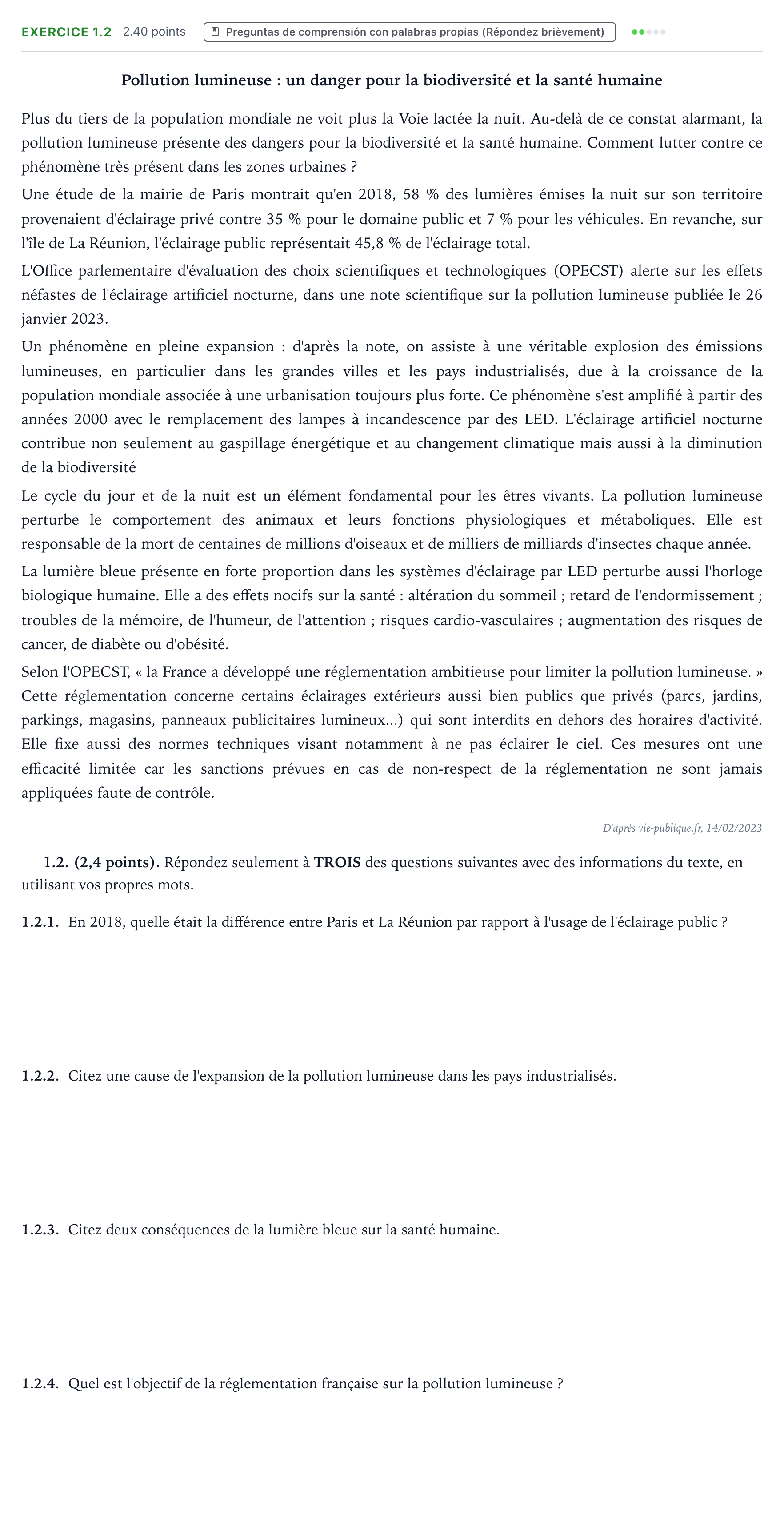 Enunciado: Ejercicio 1.2 · Francés PAU Aragón Extraordinaria 2026