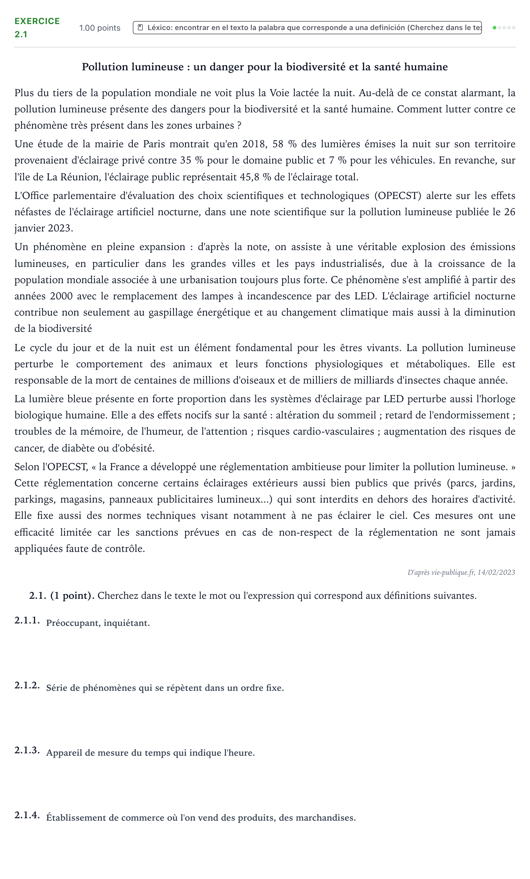 Enunciado: Ejercicio 2.1 · Francés PAU Aragón Extraordinaria 2026