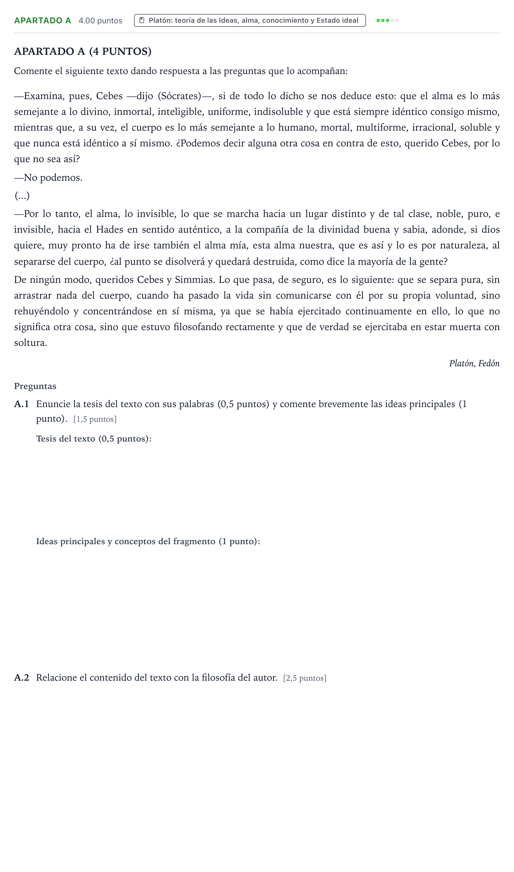 Enunciado: Apartado A · Historia de la Filosofía PAU Aragón Ordinaria 2026
