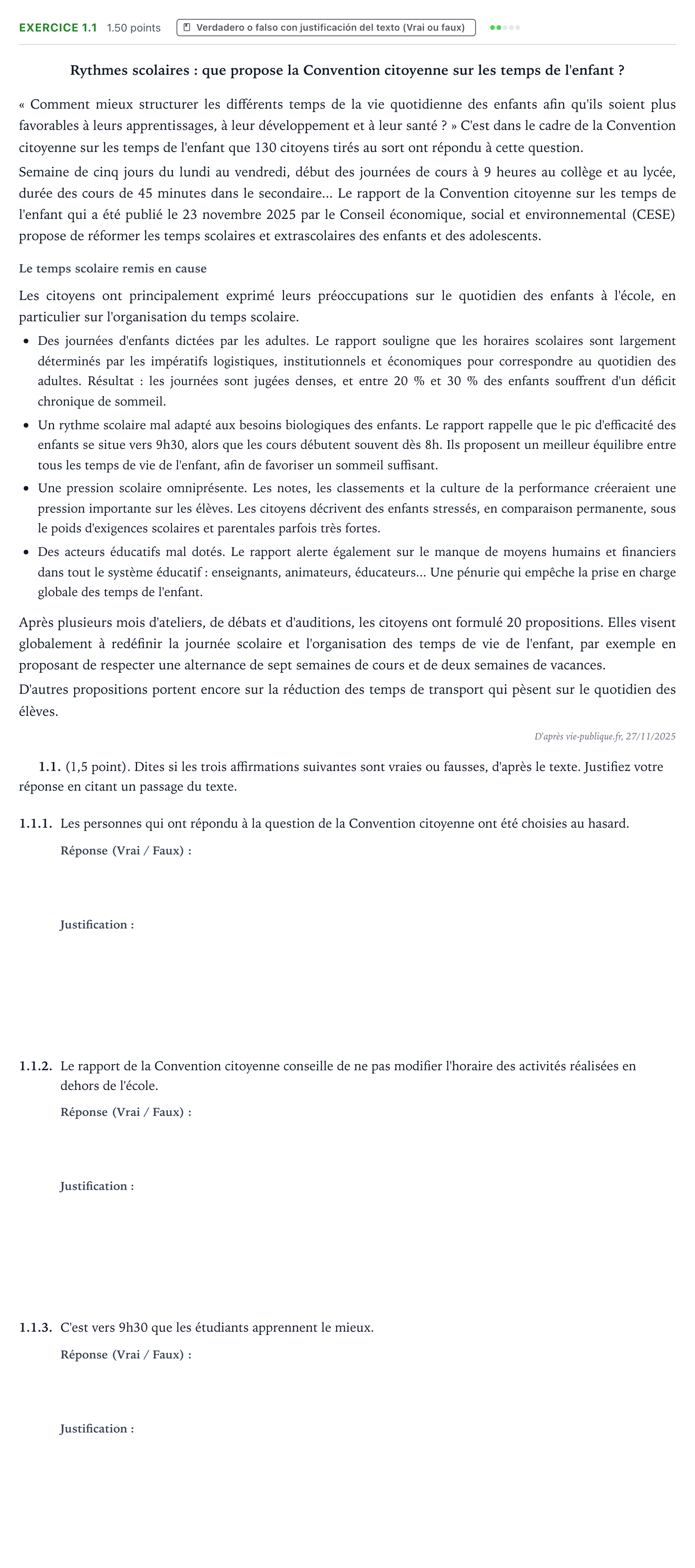 Enunciado: Ejercicio 1.1 · Francés PAU Aragón Ordinaria 2026