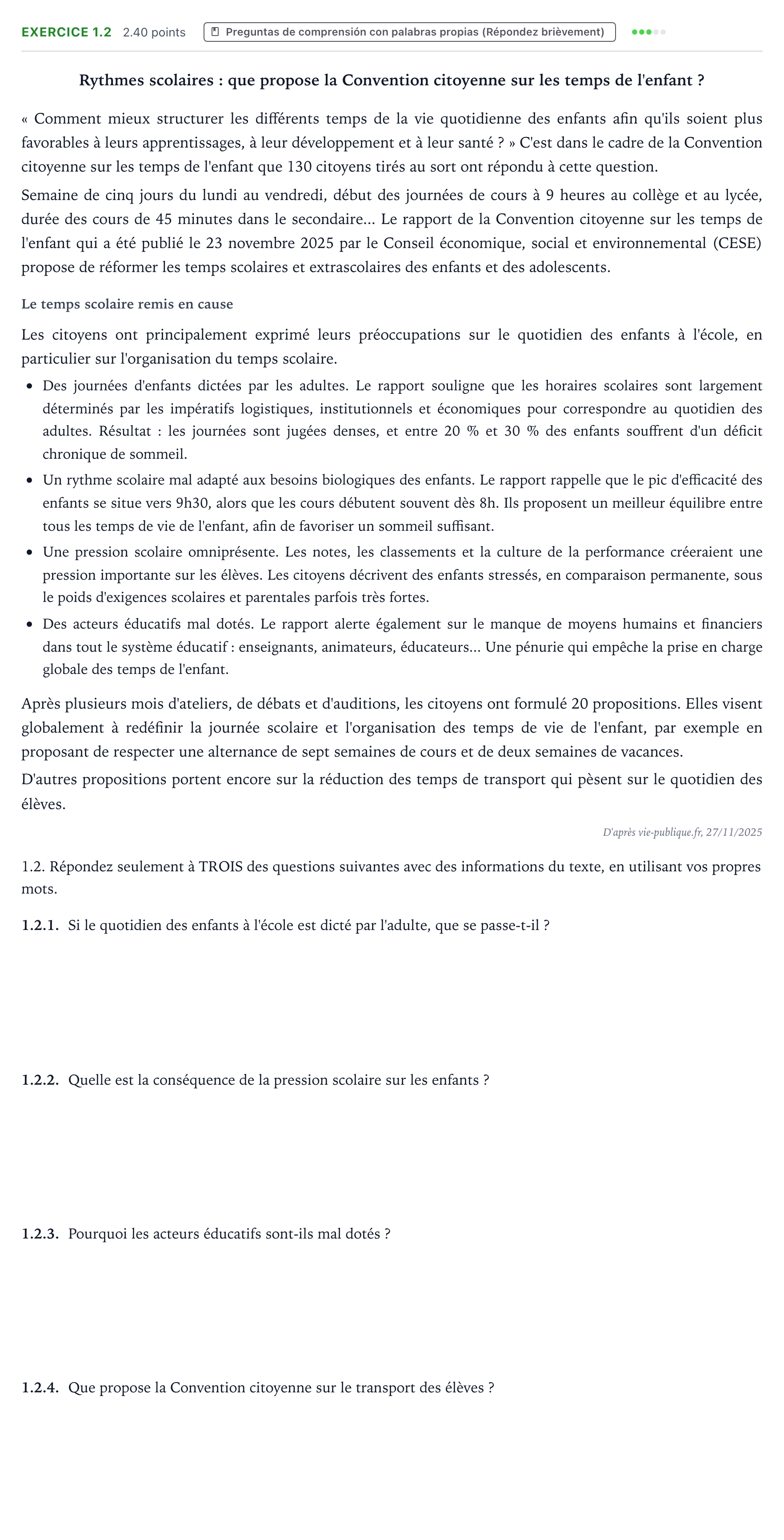 Enunciado: Ejercicio 1.2 · Francés PAU Aragón Ordinaria 2026