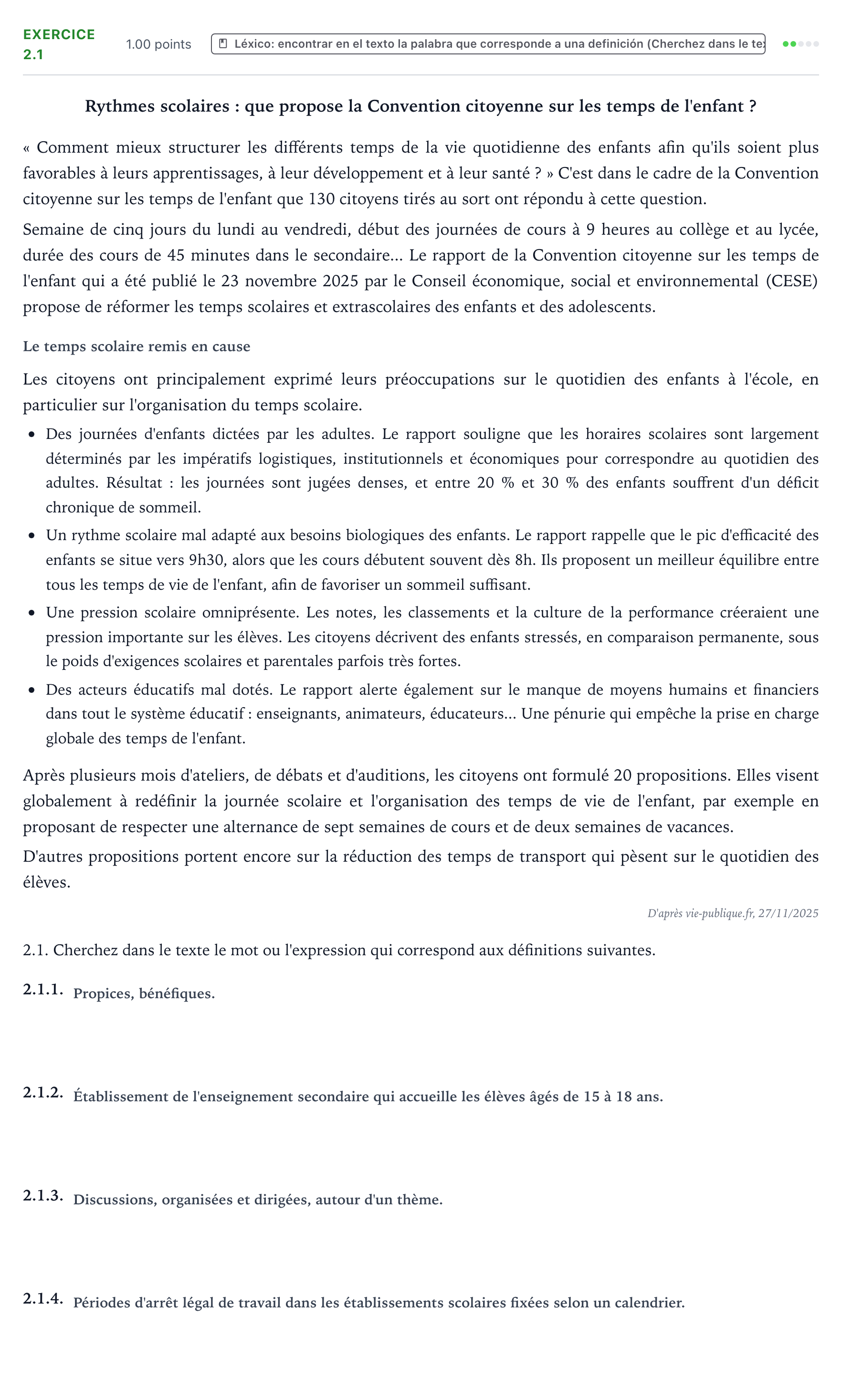 Enunciado: Ejercicio 2.1 · Francés PAU Aragón Ordinaria 2026