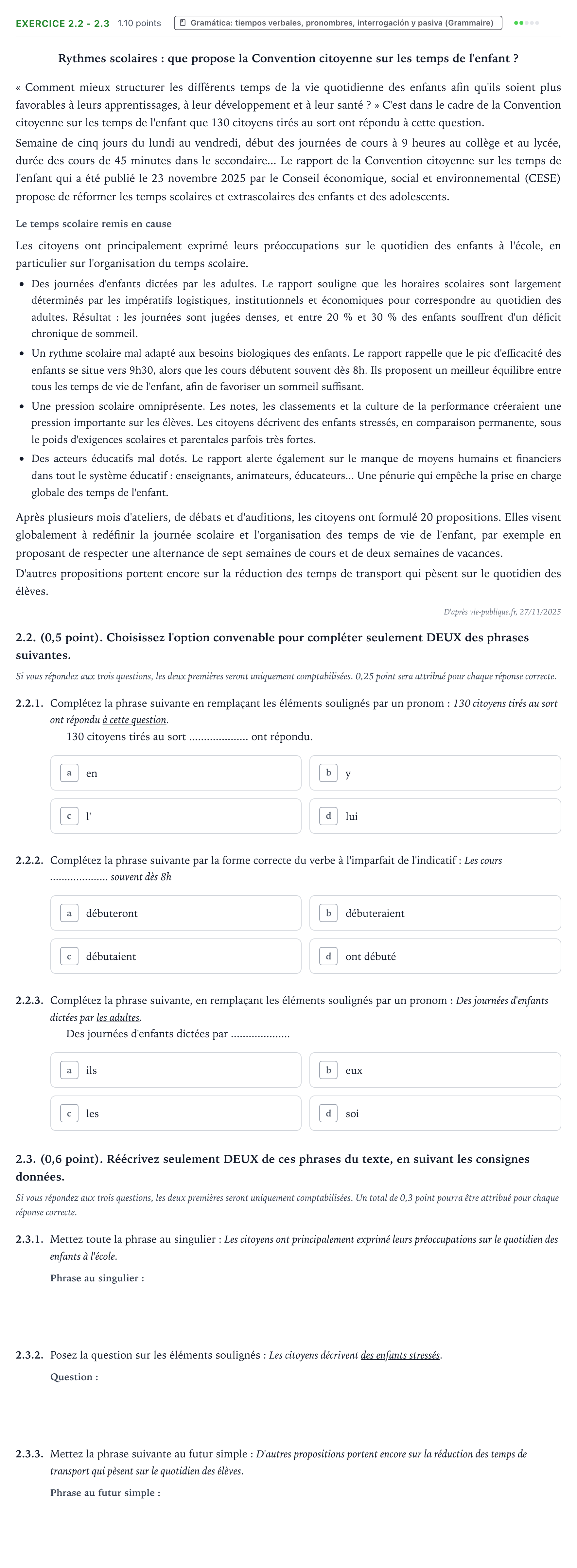 Enunciado: Ejercicio 2.2 - 2.3 · Francés PAU Aragón Ordinaria 2026
