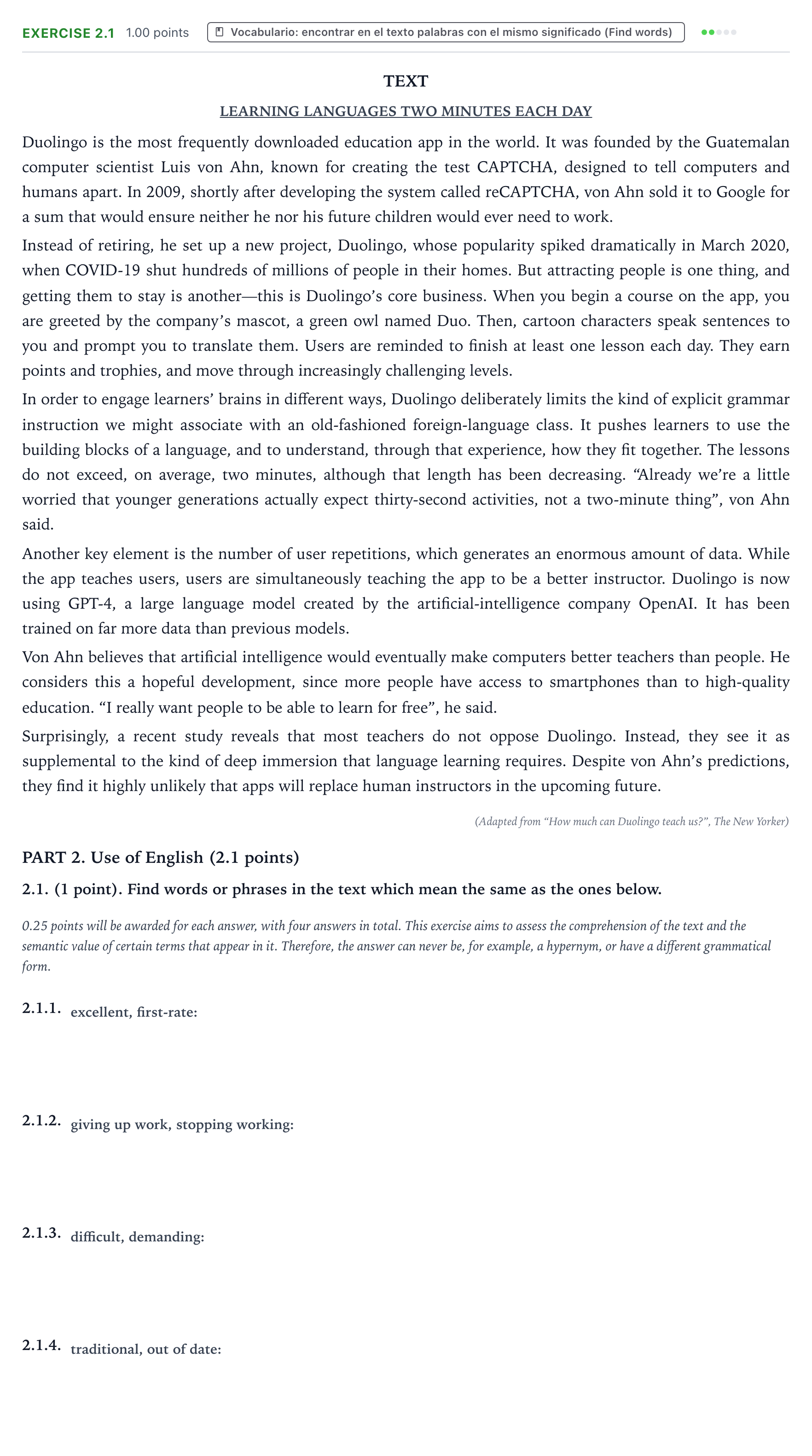 Enunciado: Ejercicio 2.1 · Inglés PAU Aragón Extraordinaria 2026