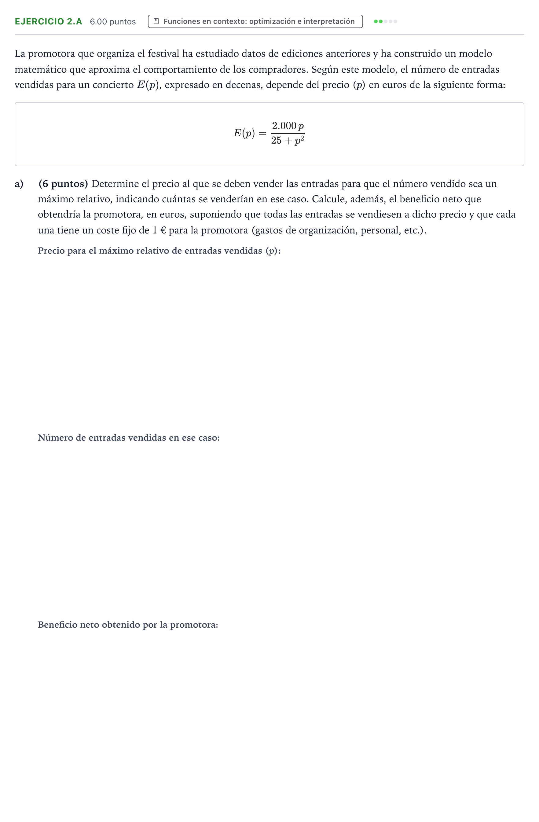 Enunciado: Ejercicio 2.a - Funciones en contexto · Matemáticas aplicadas a las Ciencias Sociales II PAU Aragón Extraordinaria 2026