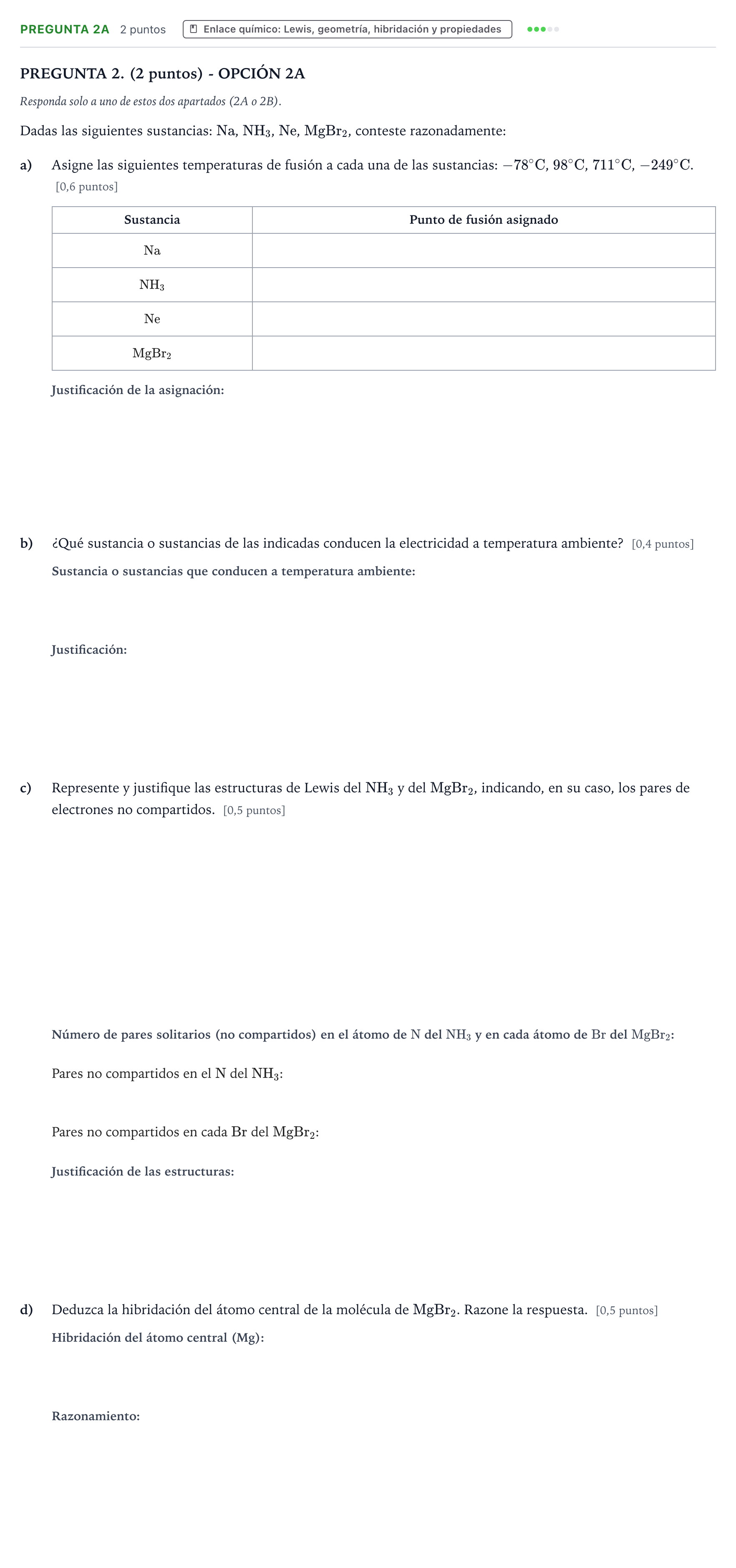 Enunciado: Pregunta 2A · Química PAU Aragón Extraordinaria 2026