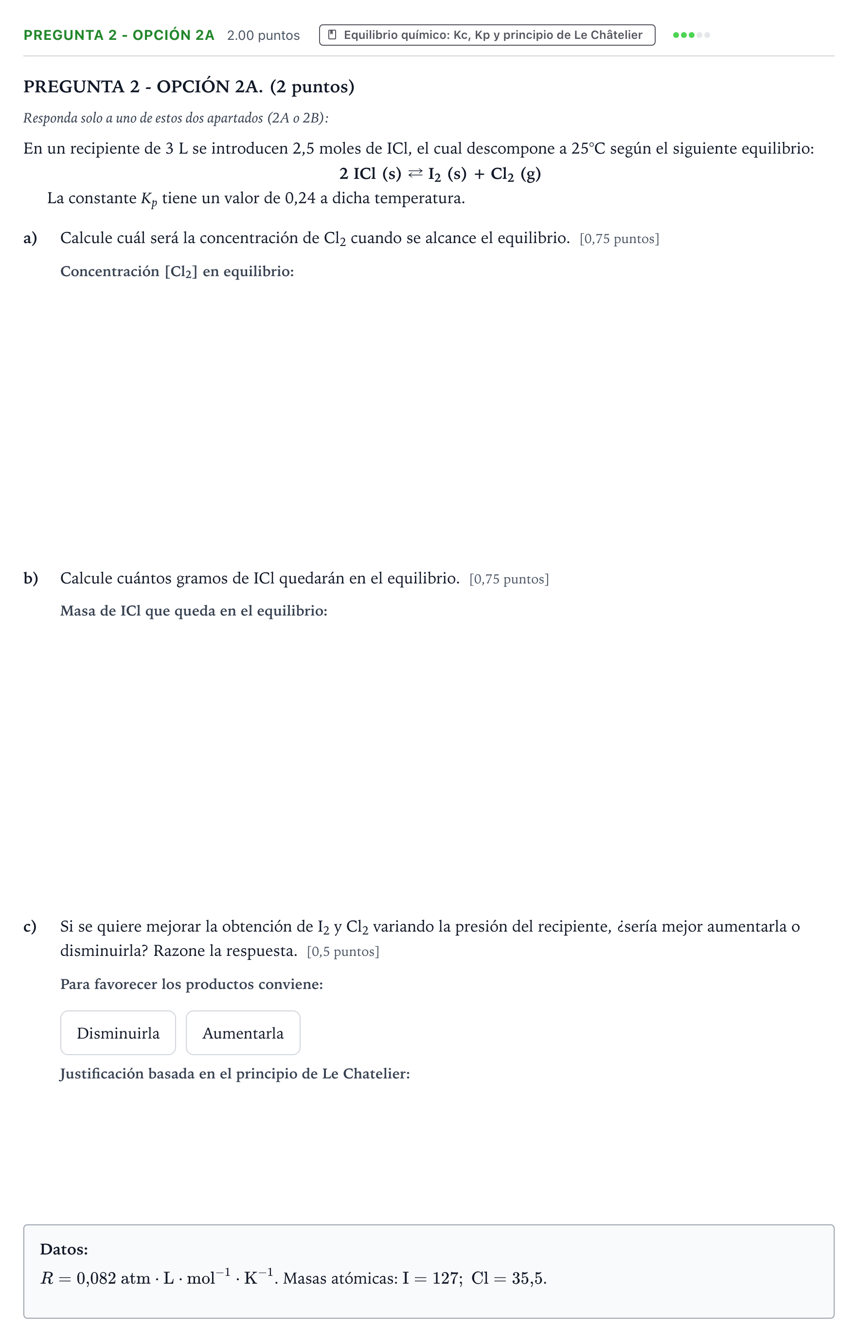 Enunciado: Pregunta 2 - Opción 2A · Química PAU Aragón Ordinaria 2026