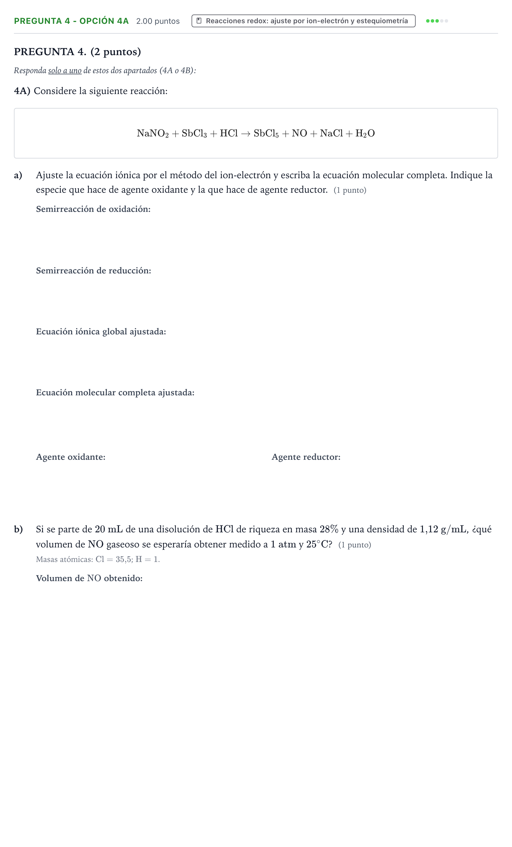 Enunciado: Pregunta 4 - Opción 4A · Química PAU Aragón Ordinaria 2026