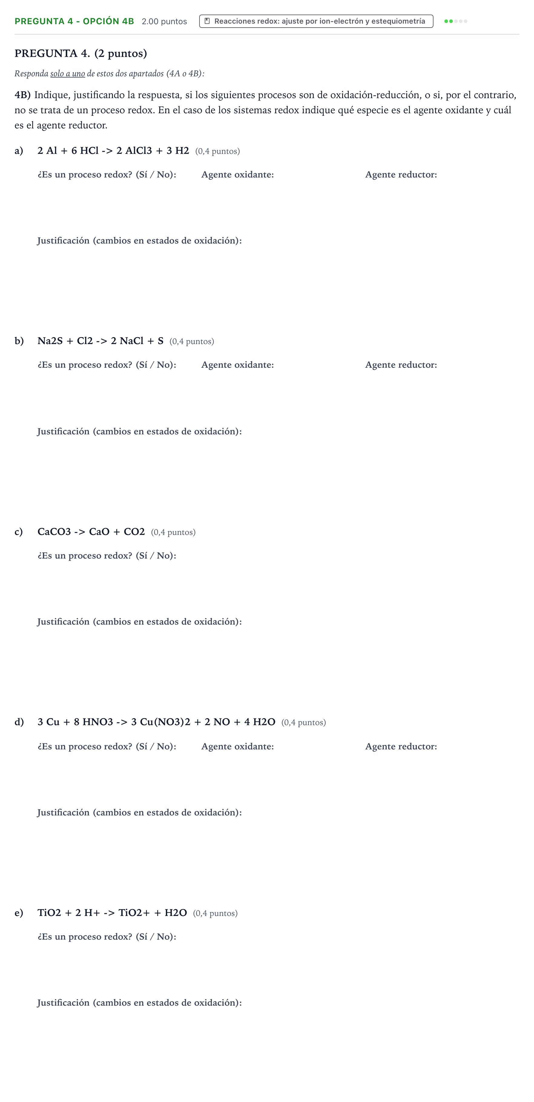 Enunciado: Pregunta 4 - Opción 4B · Química PAU Aragón Ordinaria 2026