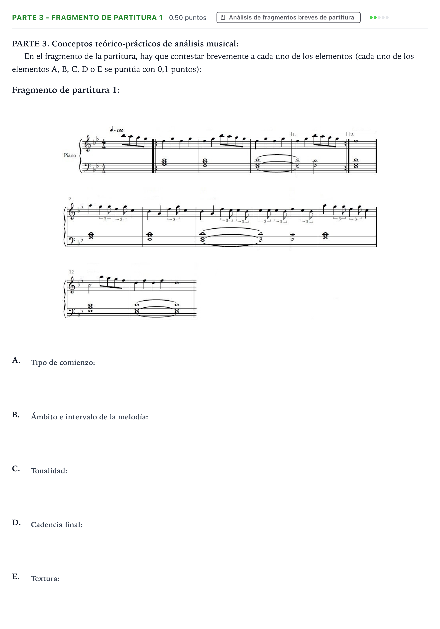 Enunciado: Ejercicio Parte 3 - Fragmento de partitura 1 · Análisis Musical II PAU Aragón Extraordinaria 2026