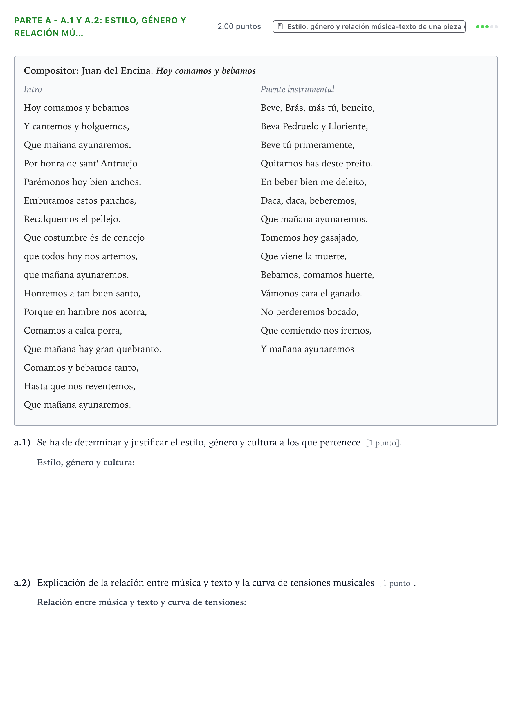 Enunciado: Ejercicio Parte A - a.1 y a.2: Estilo, género y relación mú… · Coro y Técnica Vocal PAU Aragón Extraordinaria 2026