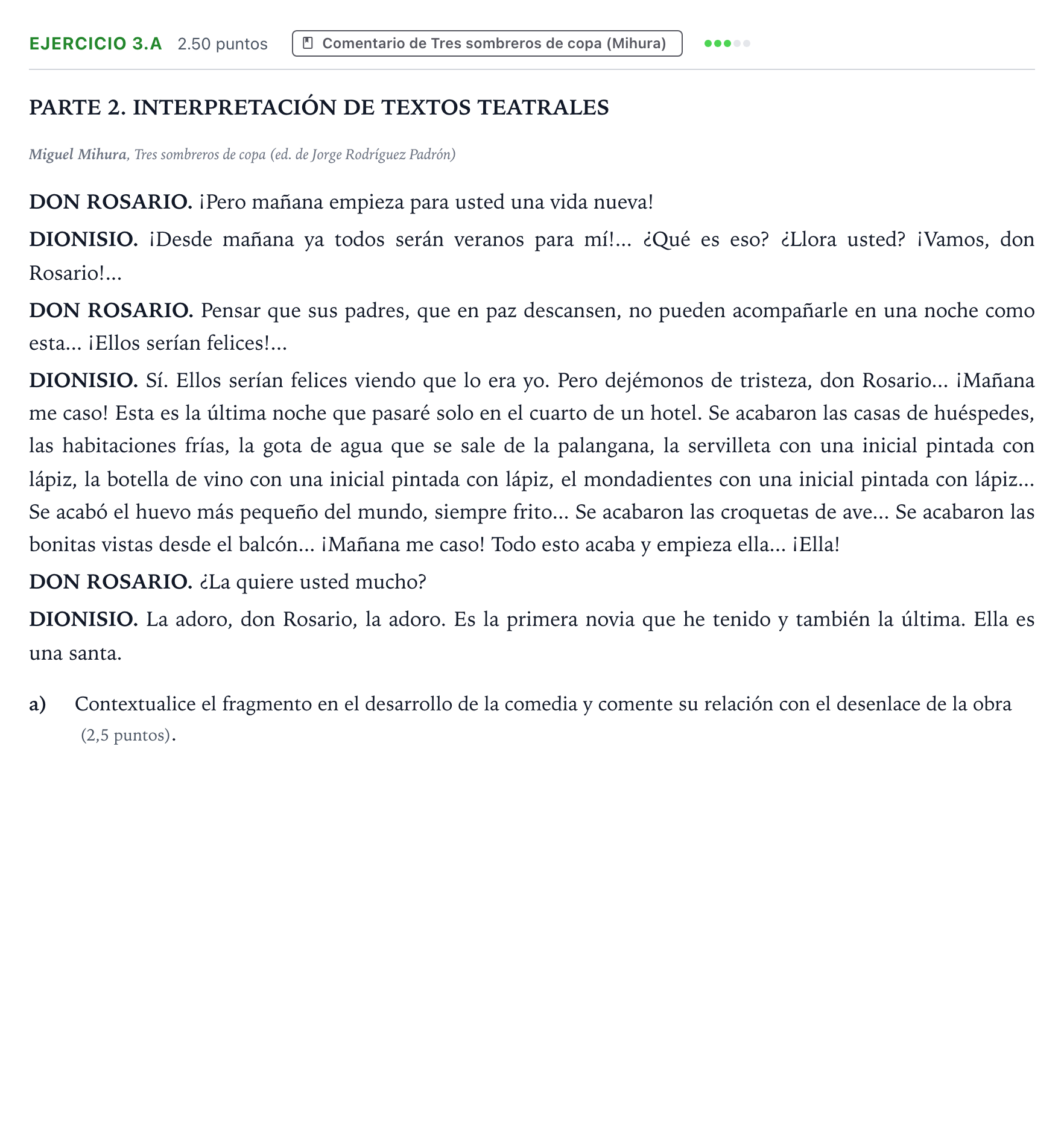 Enunciado: Ejercicio 3.a · Literatura Dramática PAU Aragón Ordinaria 2026