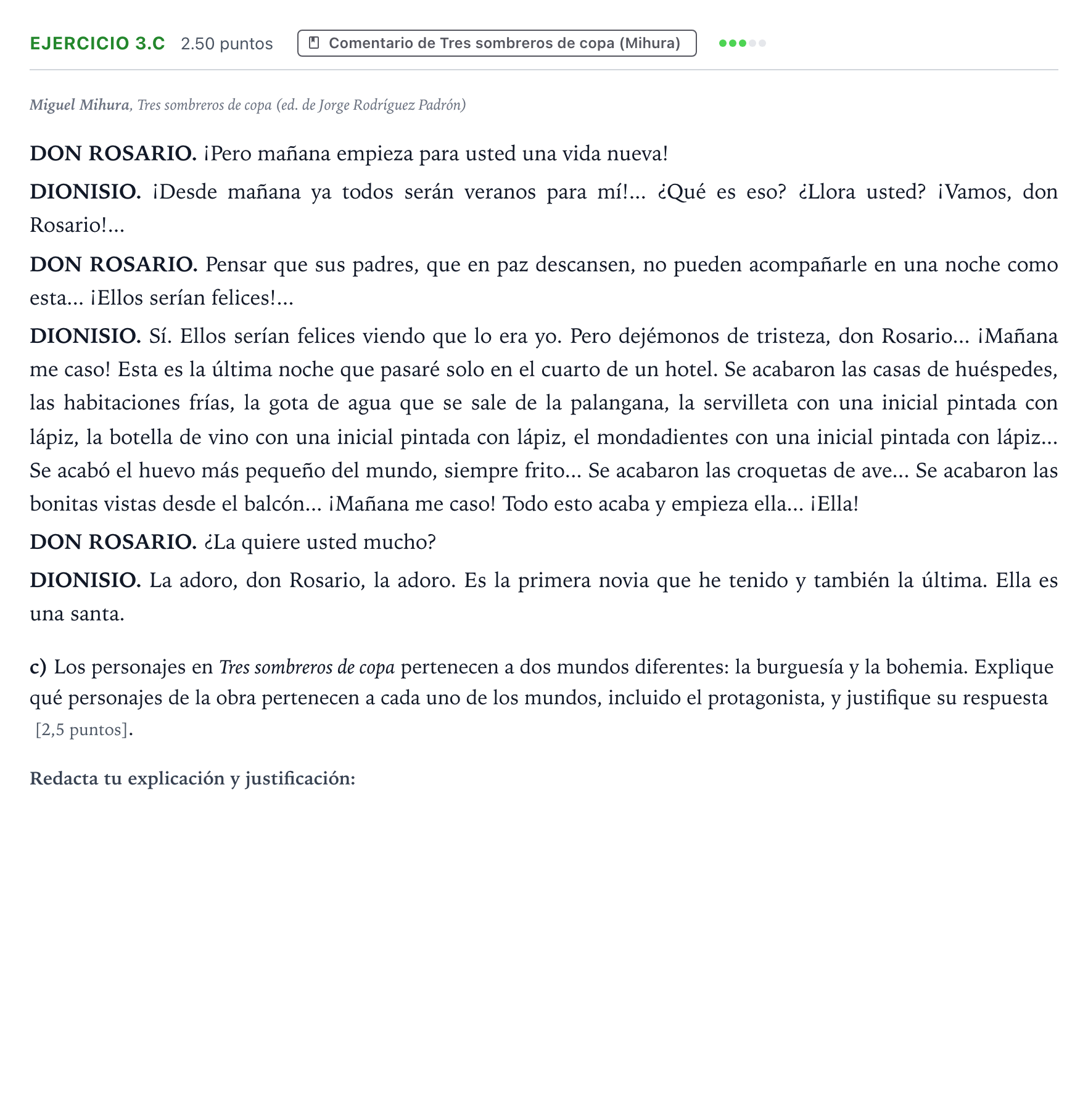 Enunciado: Ejercicio 3.c · Literatura Dramática PAU Aragón Ordinaria 2026