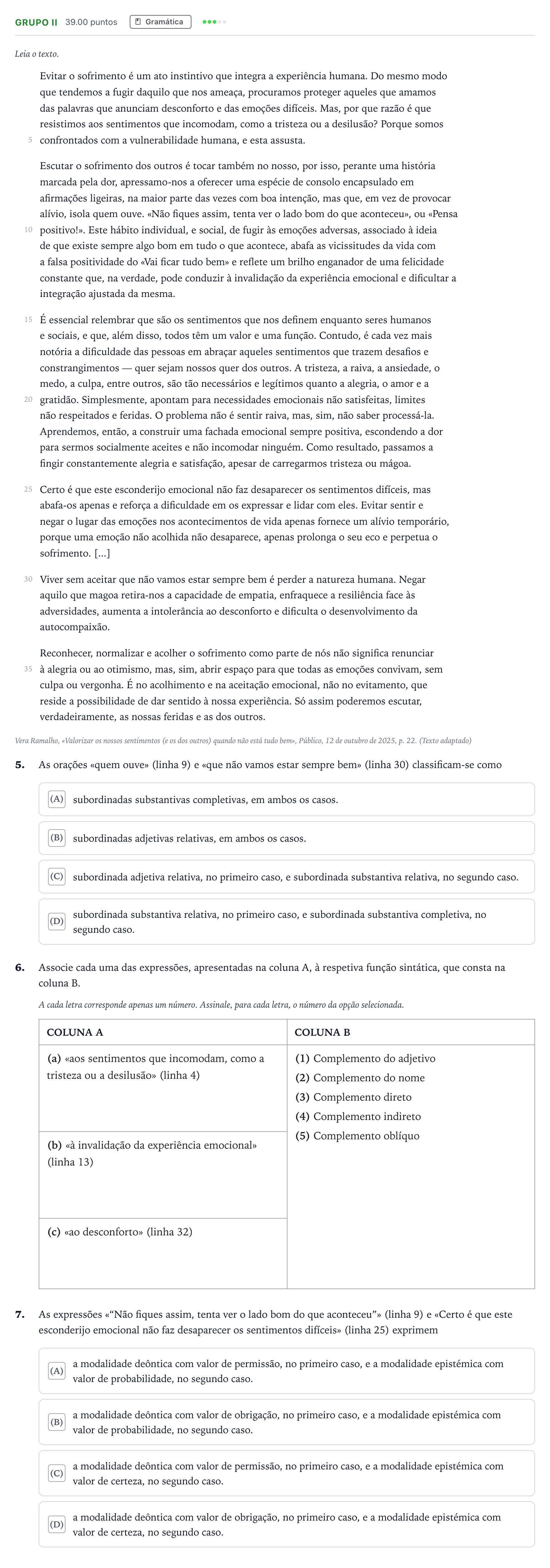 Enunciado: Grupo II · Exame Nacional Português Época especial 2026