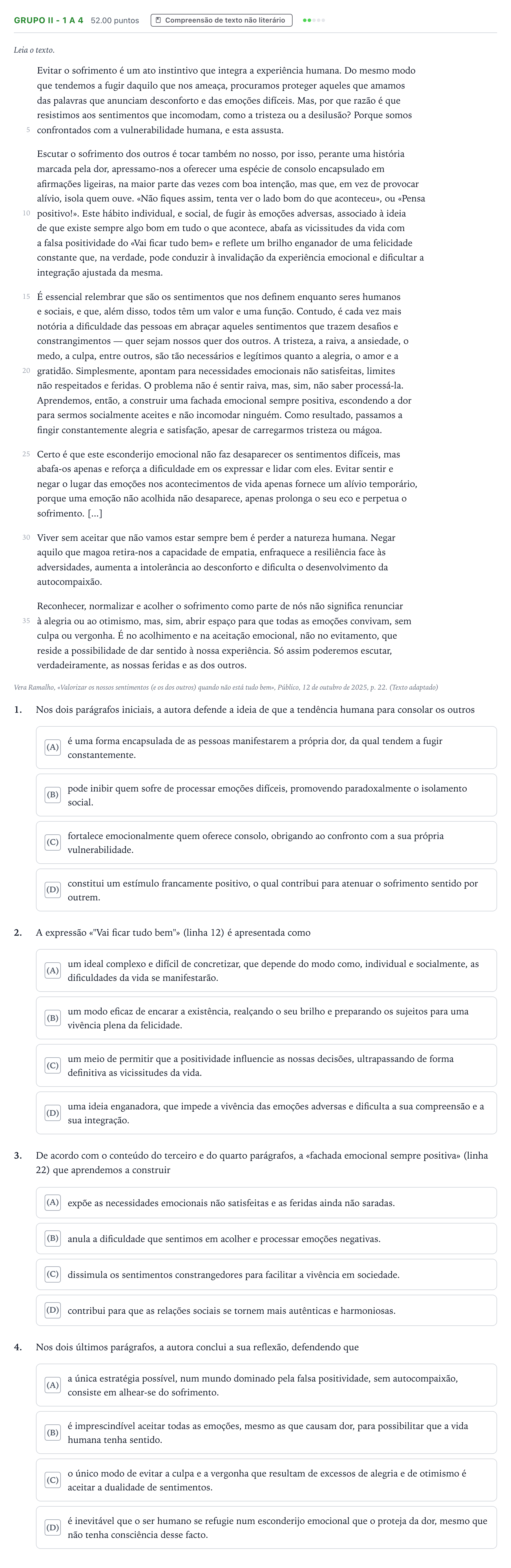 Enunciado: Grupo II - 1 a 4 · Exame Nacional Português Época especial 2026