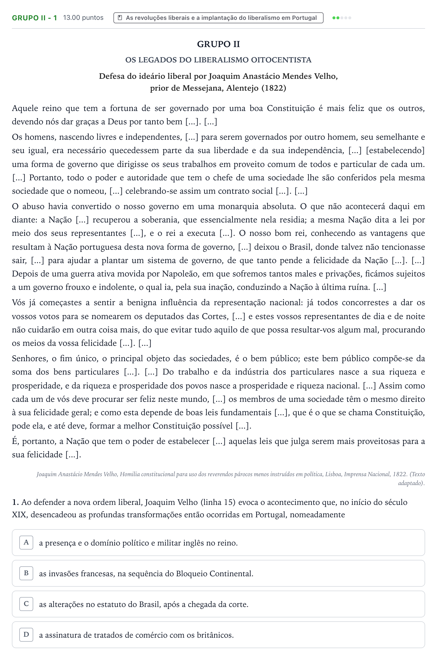 Enunciado: Grupo II - 1 · Exame Nacional História A Época especial 2026