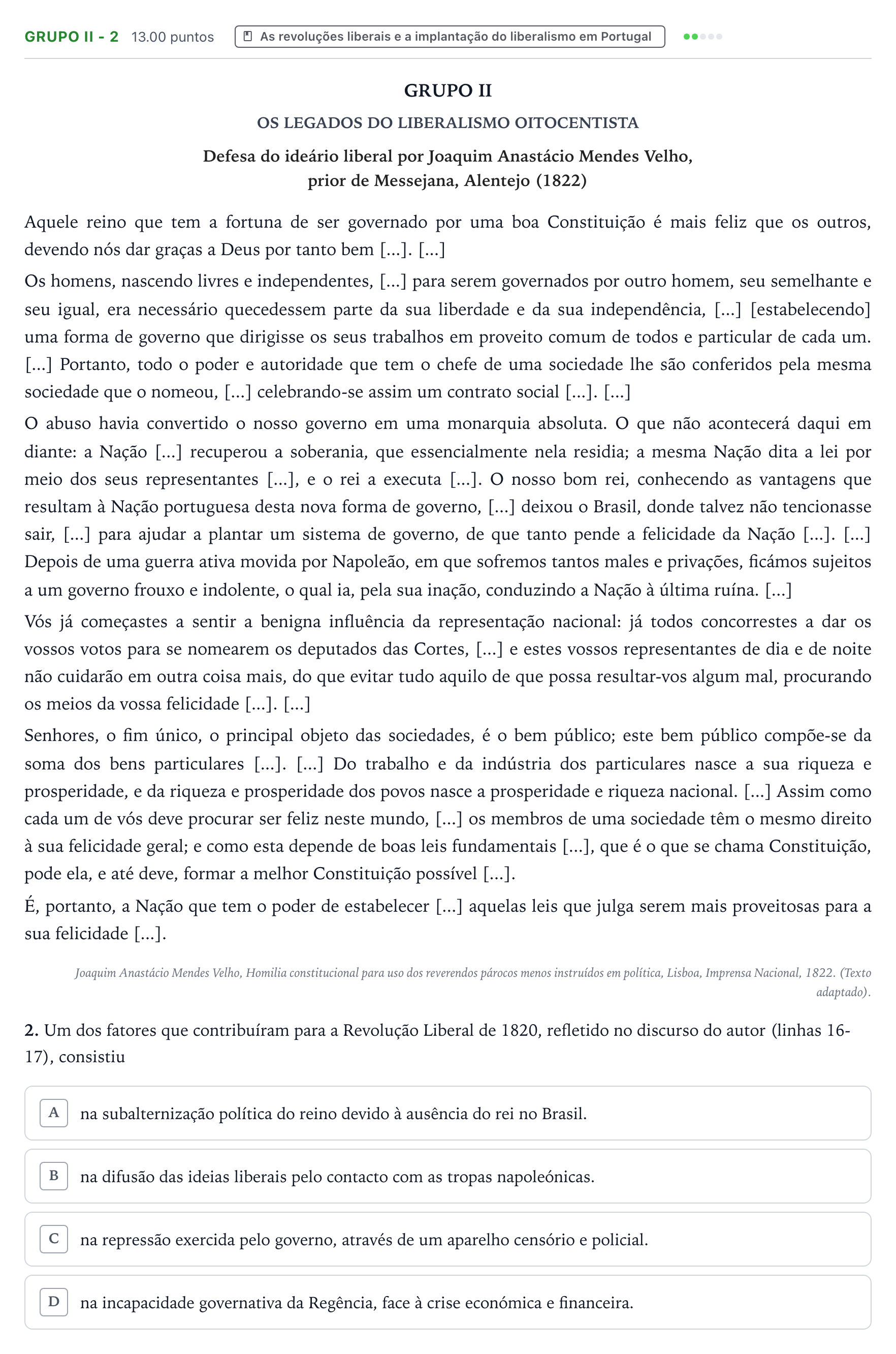 Enunciado: Grupo II - 2 · Exame Nacional História A Época especial 2026