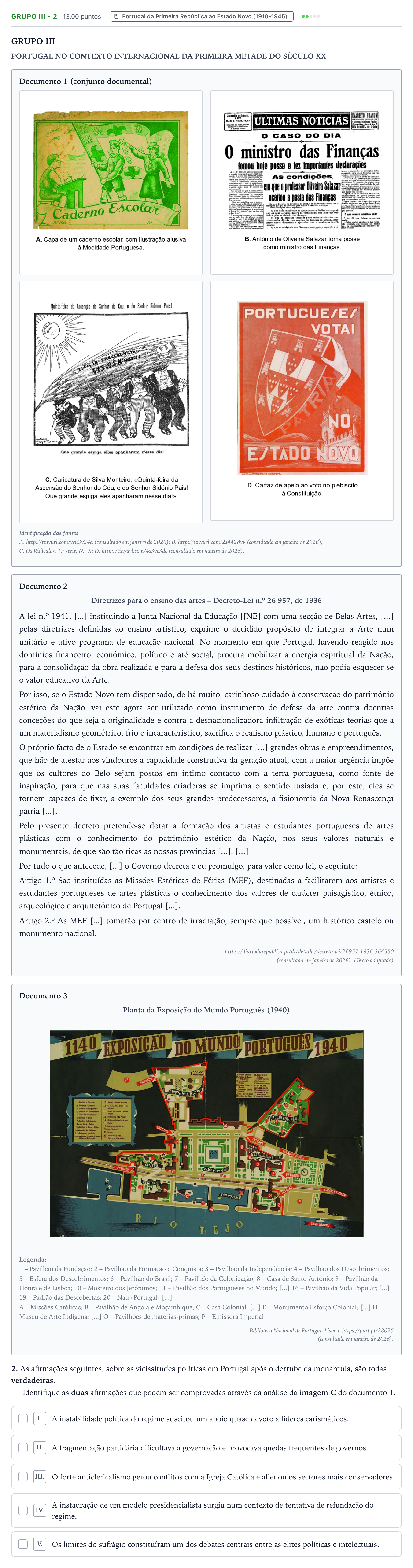 Enunciado: Grupo III - 2 · Exame Nacional História A Época especial 2026