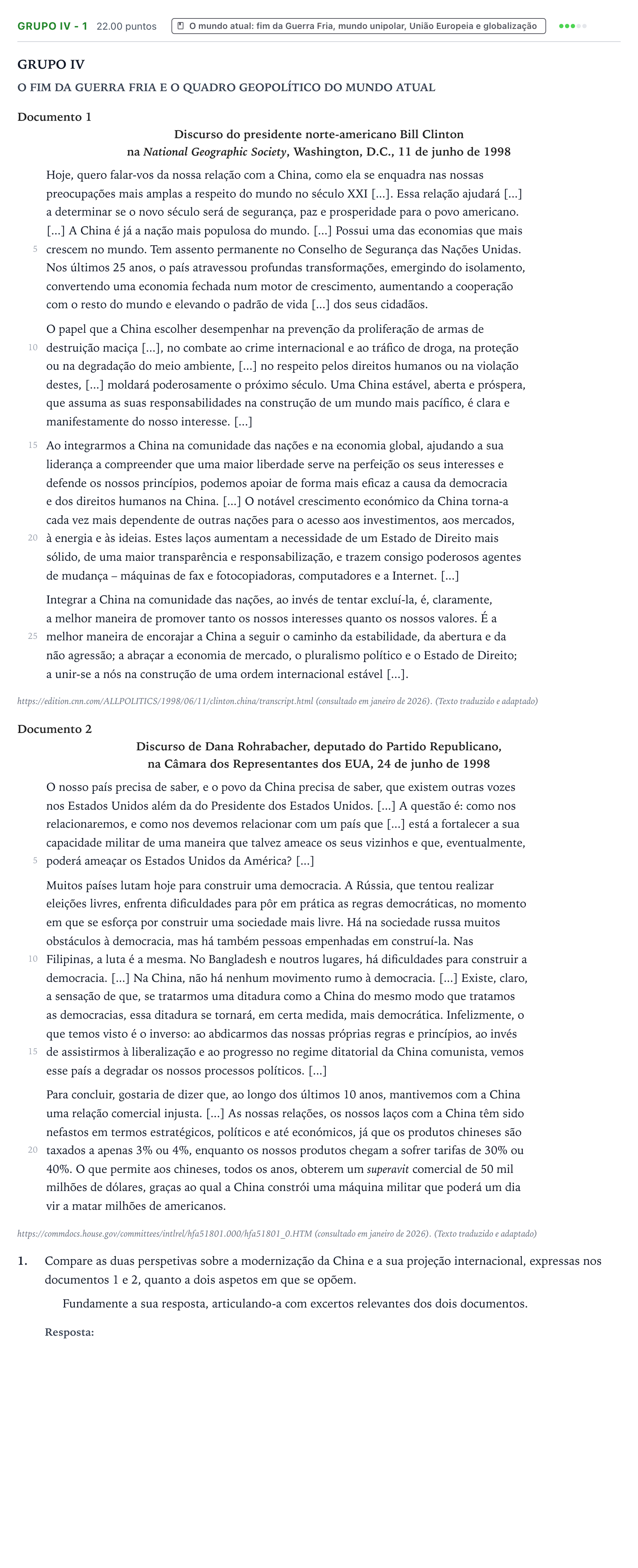 Enunciado: Grupo IV - 1 · Exame Nacional História A Época especial 2026