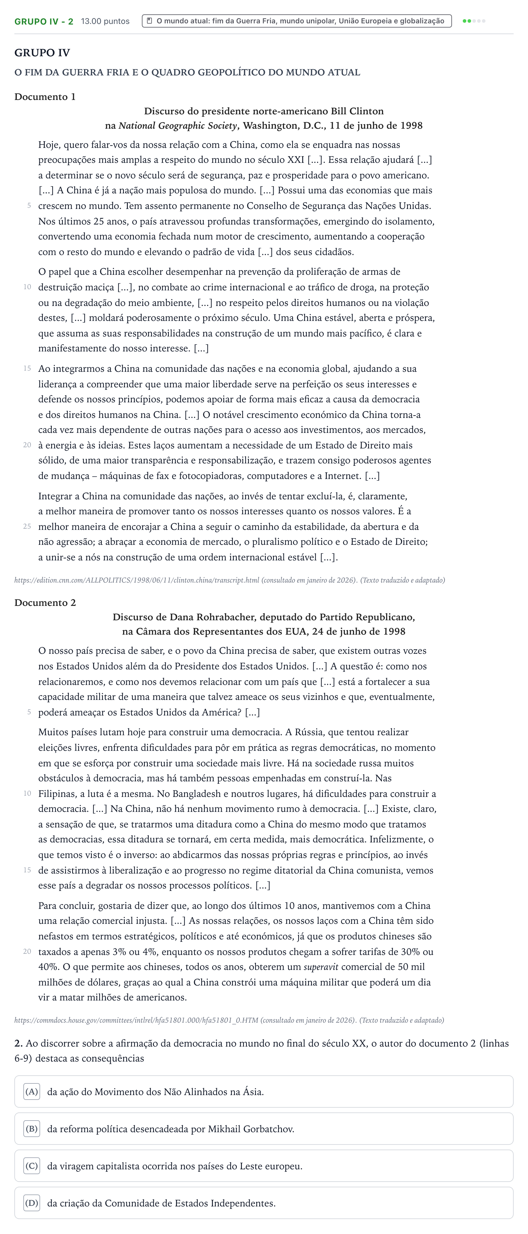 Enunciado: Grupo IV - 2 · Exame Nacional História A Época especial 2026