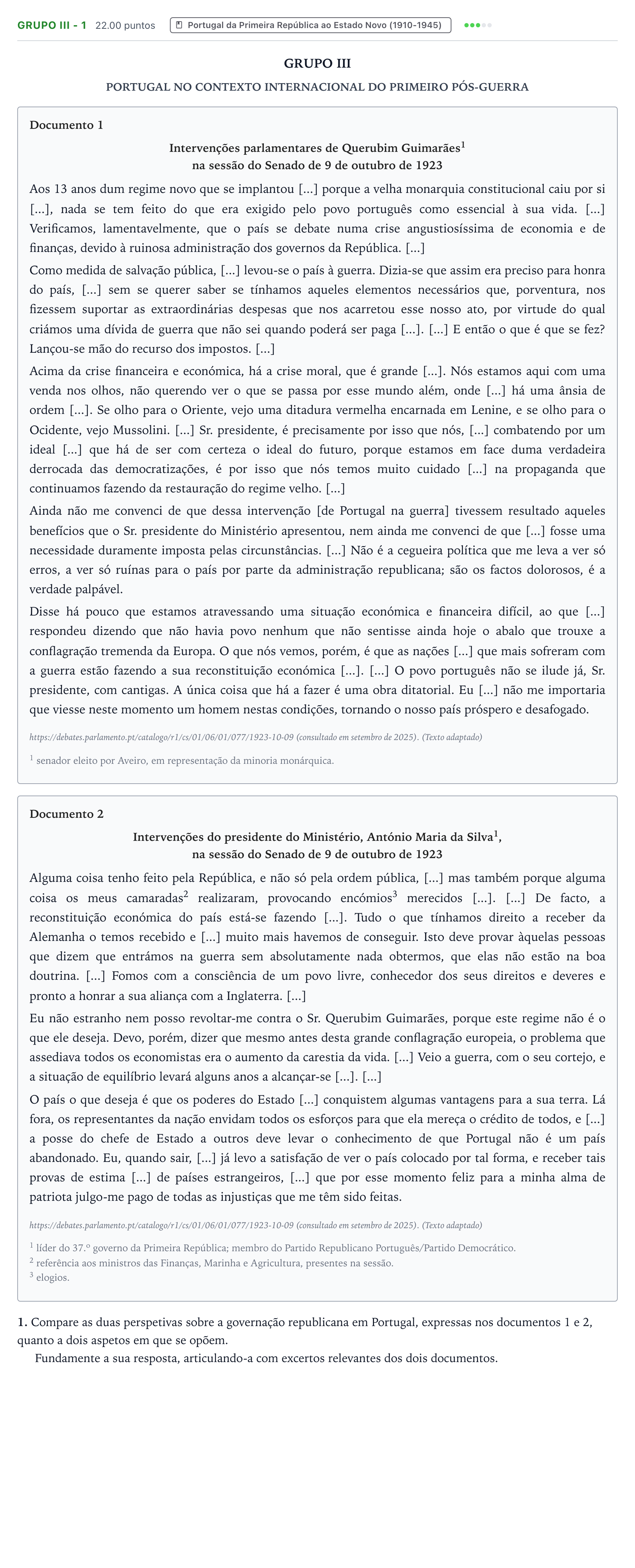 Enunciado: Grupo III - 1 · Exame Nacional História A 1.ª fase 2026