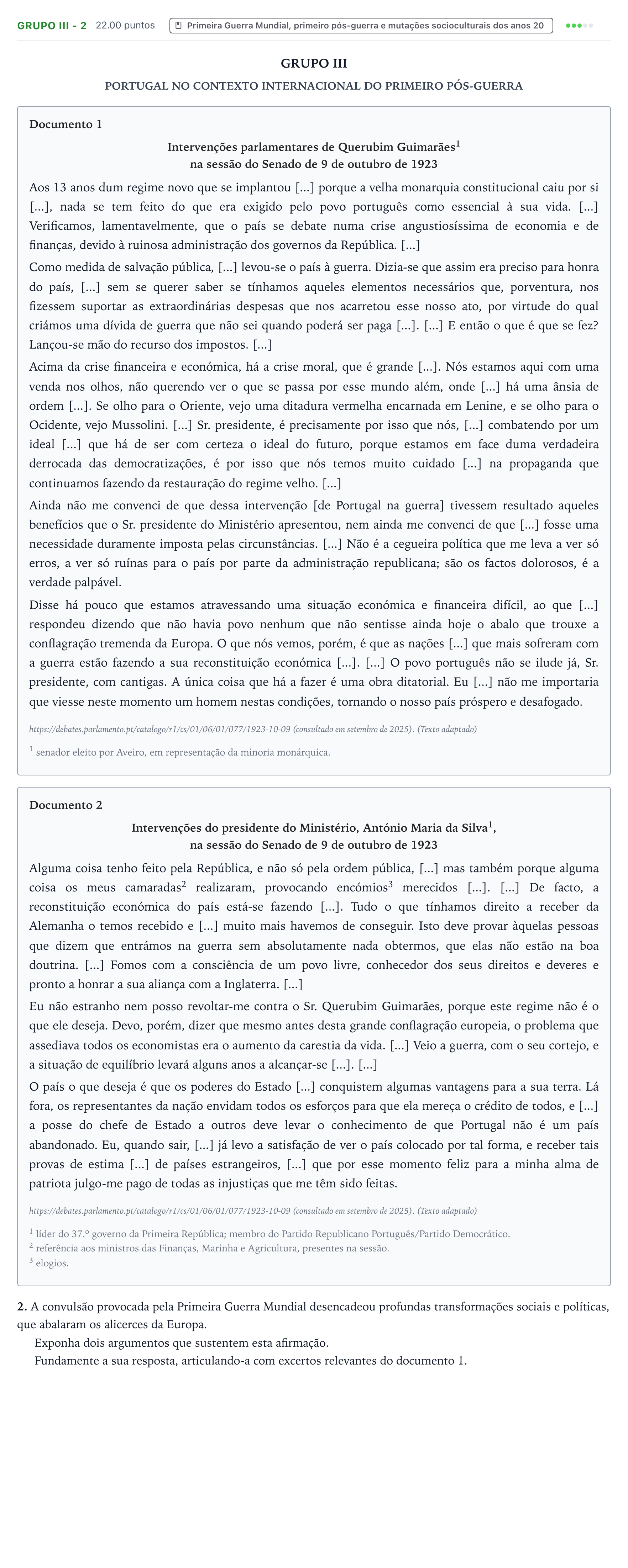 Enunciado: Grupo III - 2 · Exame Nacional História A 1.ª fase 2026