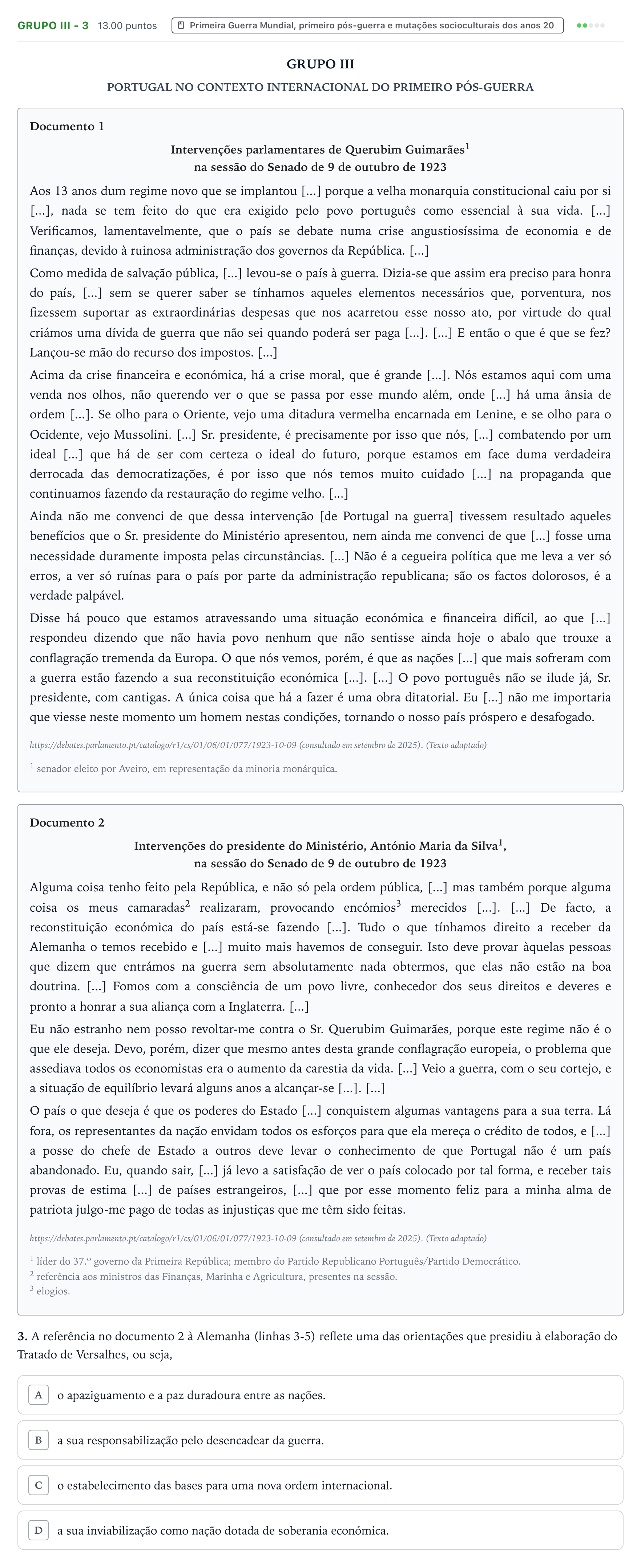 Enunciado: Grupo III - 3 · Exame Nacional História A 1.ª fase 2026