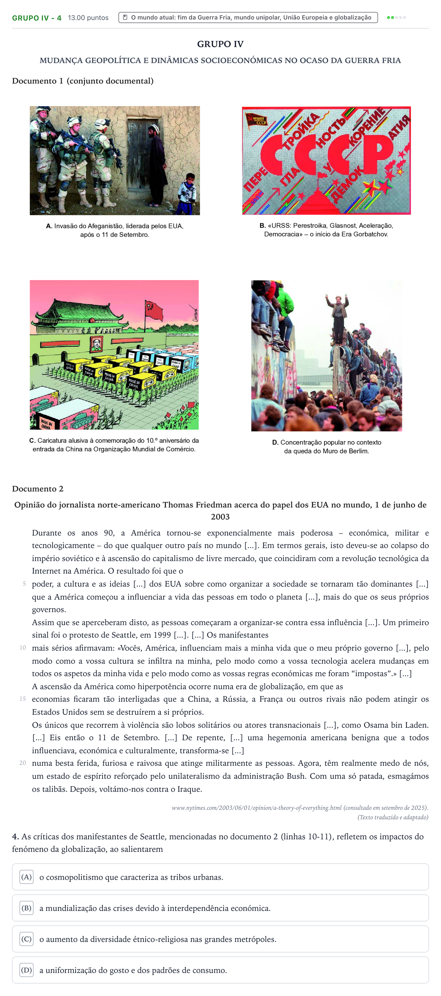 Enunciado: Grupo IV - 4 · Exame Nacional História A 1.ª fase 2026
