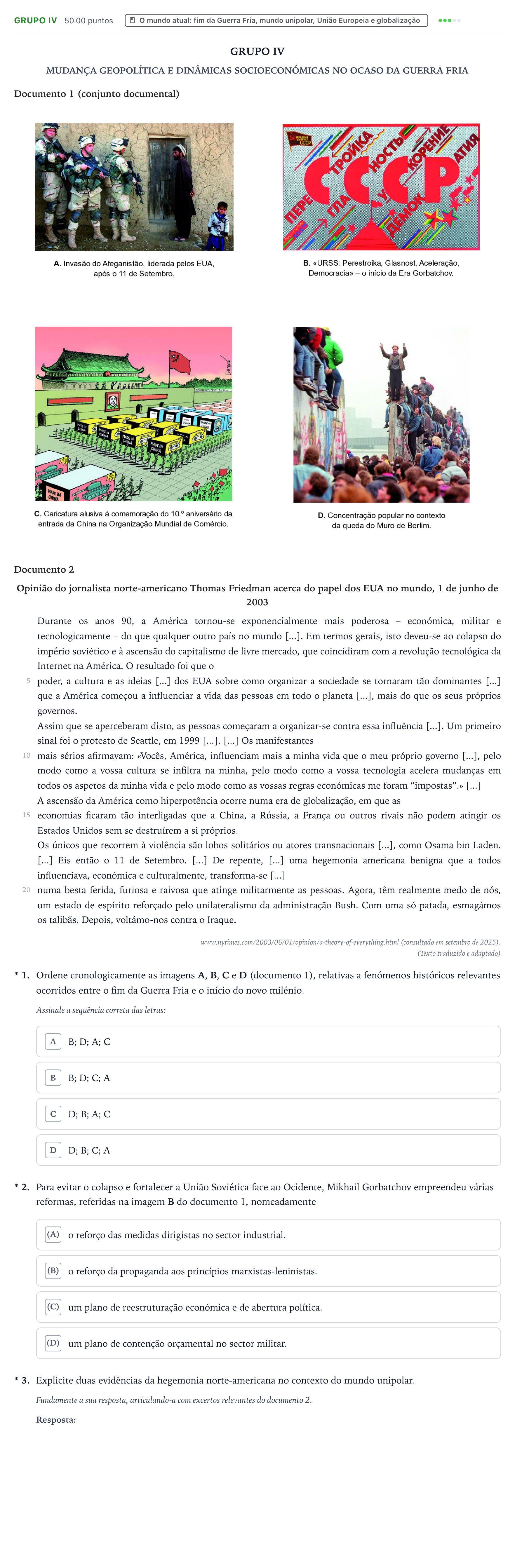 Enunciado: Grupo IV · Exame Nacional História A 1.ª fase 2026