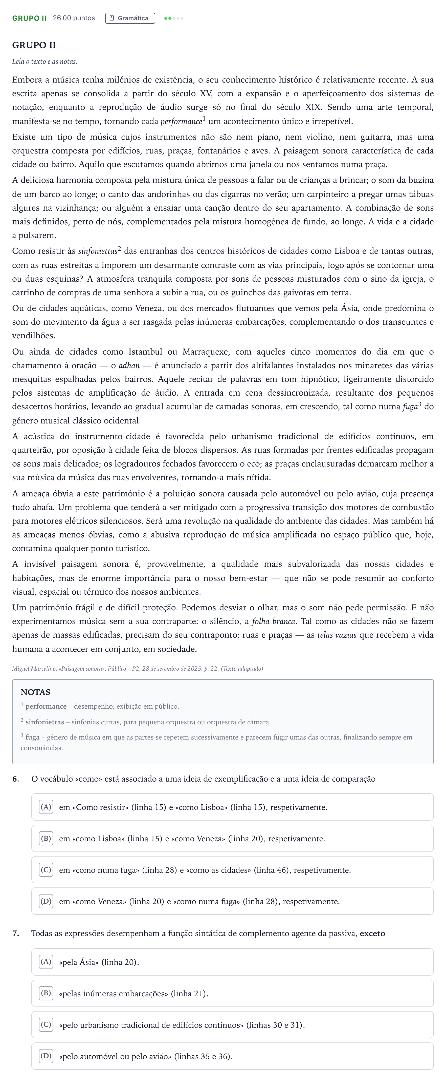 Enunciado: Grupo II · Exame Nacional Português 1.ª fase 2026