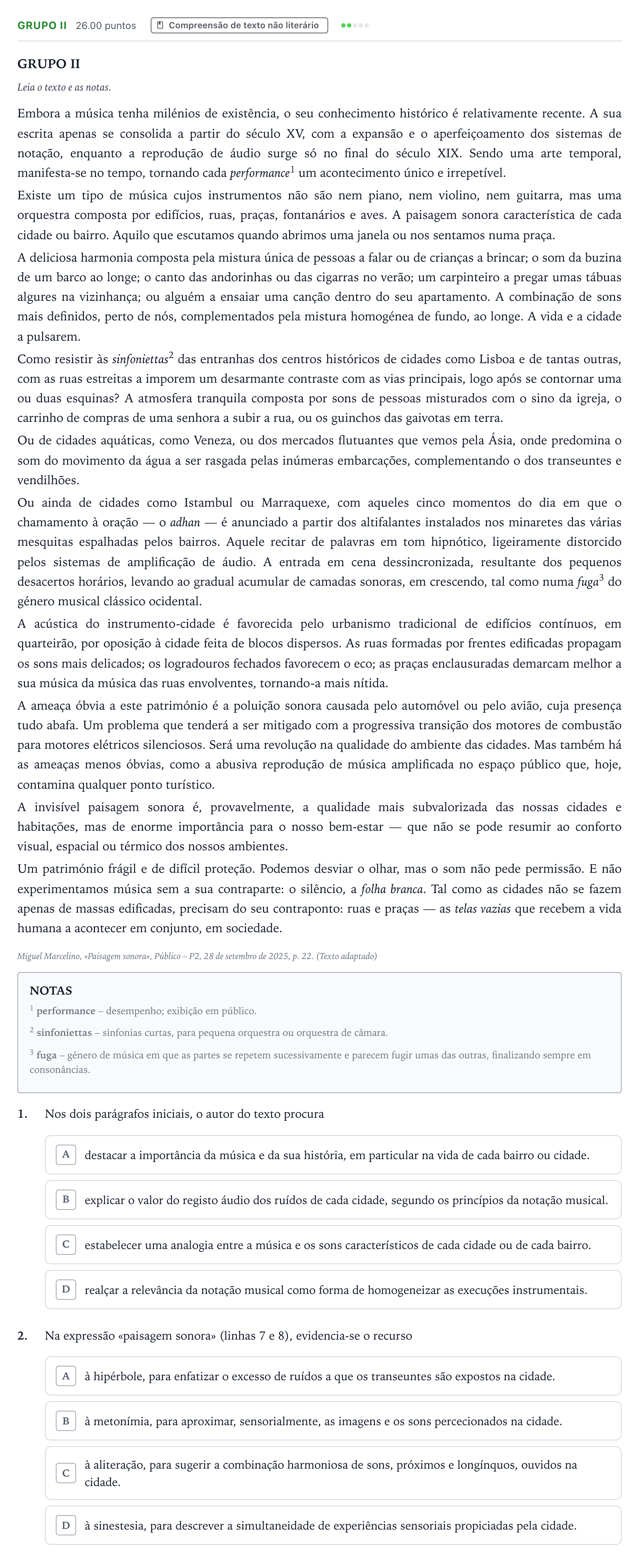 Enunciado: Grupo II · Exame Nacional Português 1.ª fase 2026
