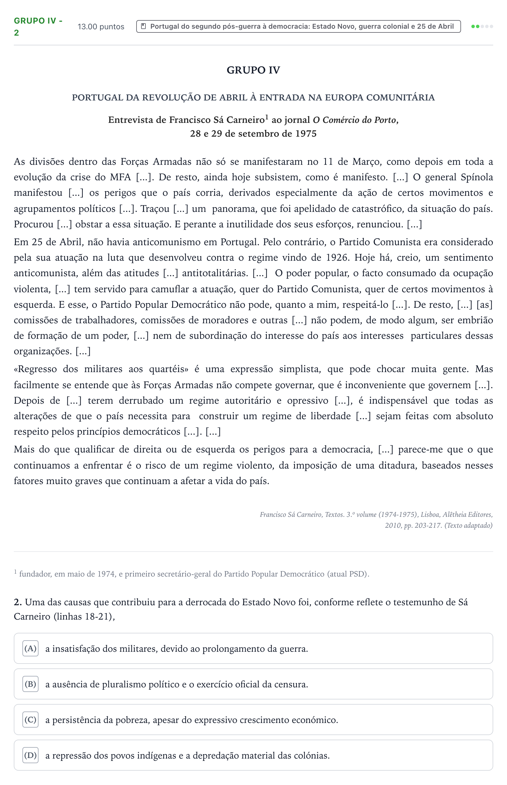 Enunciado: Grupo IV - 2 · Exame Nacional História A 2.ª fase 2026