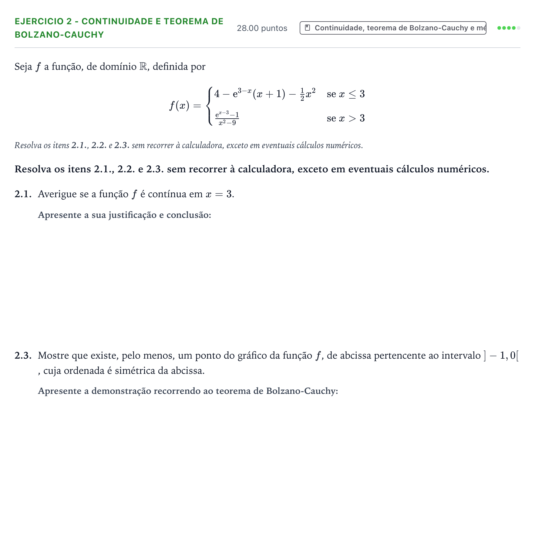 Enunciado: Exercício 2 - Continuidade e teorema de Bolzano-Cauchy · Exame Nacional Matemática A 1.ª fase 2026