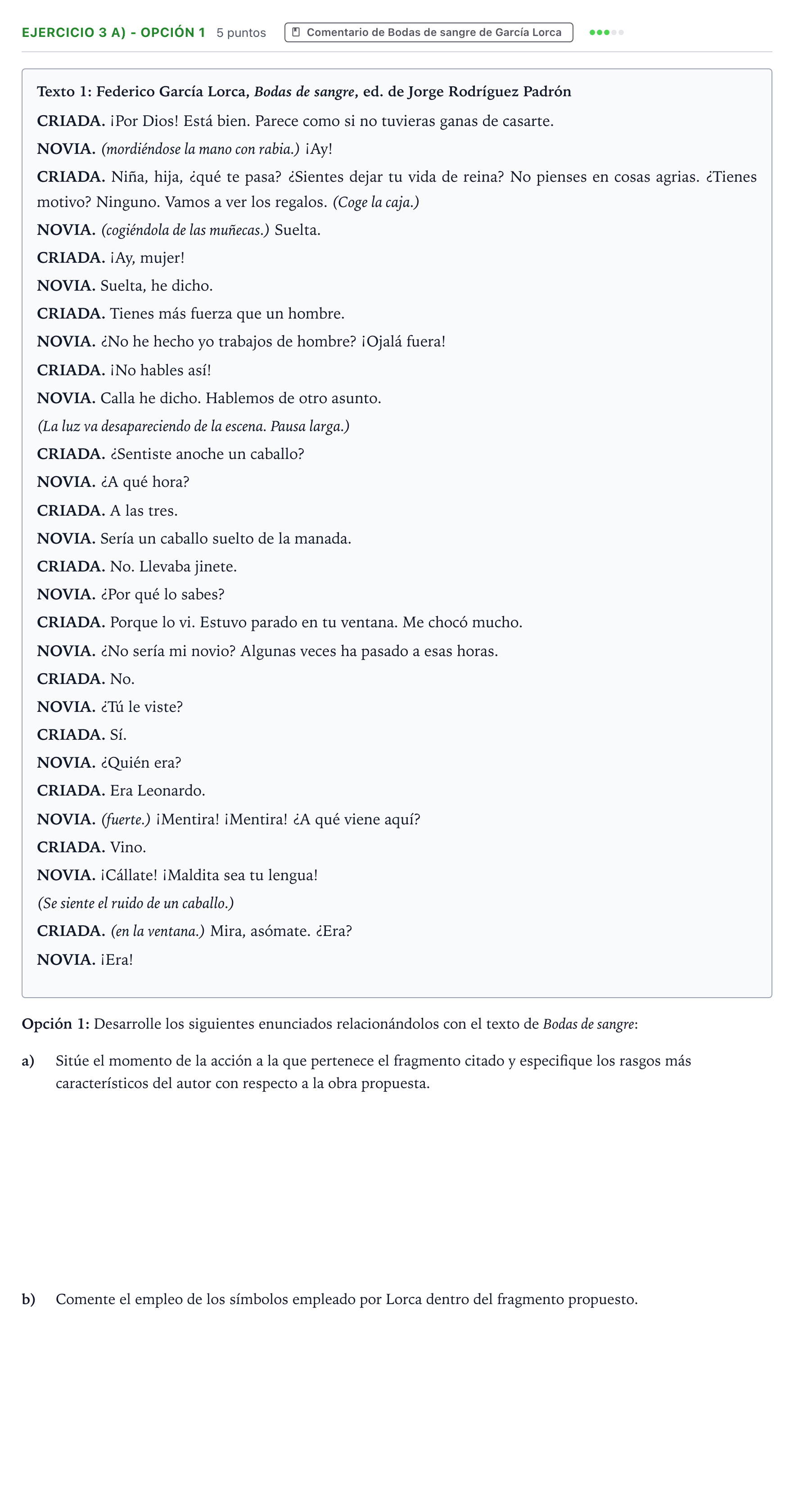 Enunciado: Ejercicio 3 a) - Opción 1 · Artes Escénicas PAU Aragón Extraordinaria 2025