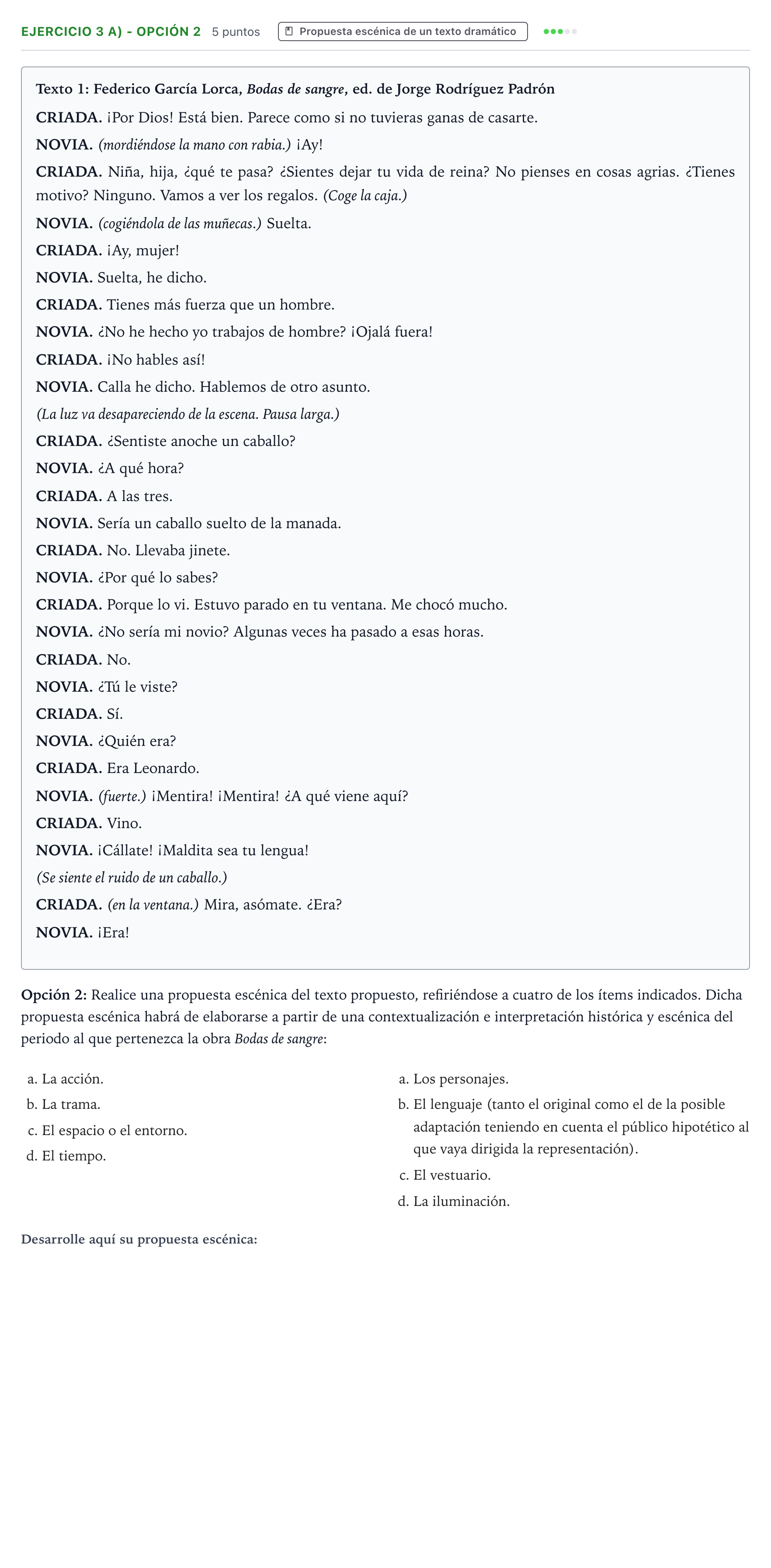 Enunciado: Ejercicio 3 a) - Opción 2 · Artes Escénicas PAU Aragón Extraordinaria 2025