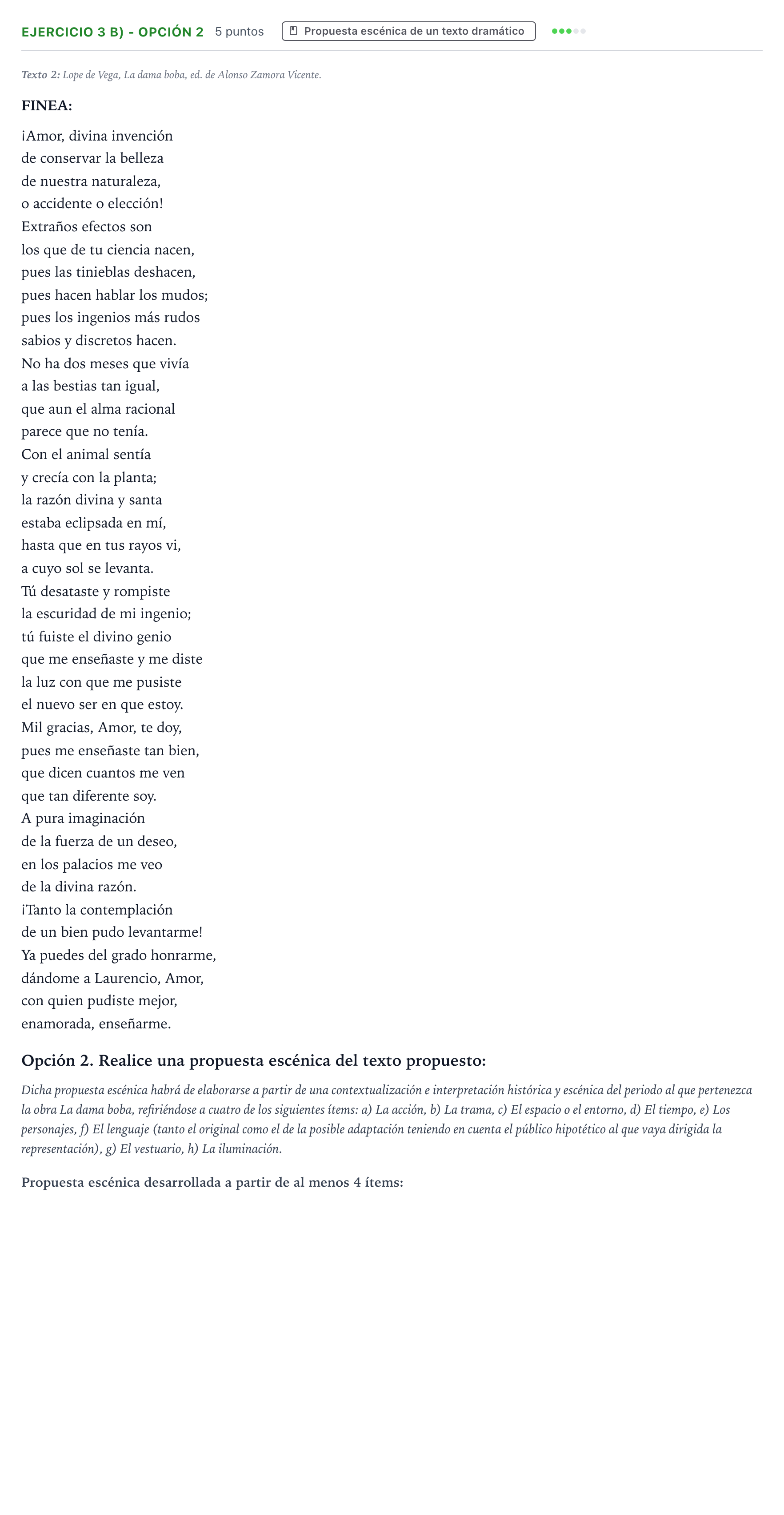 Enunciado: Ejercicio 3 b) - Opción 2 · Artes Escénicas PAU Aragón Extraordinaria 2025